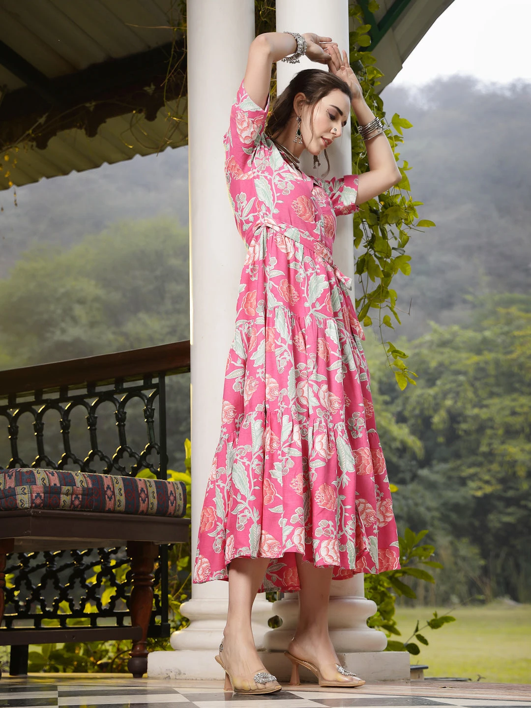 Pink Floral Printed Rayon Tiered Dress - Image 3