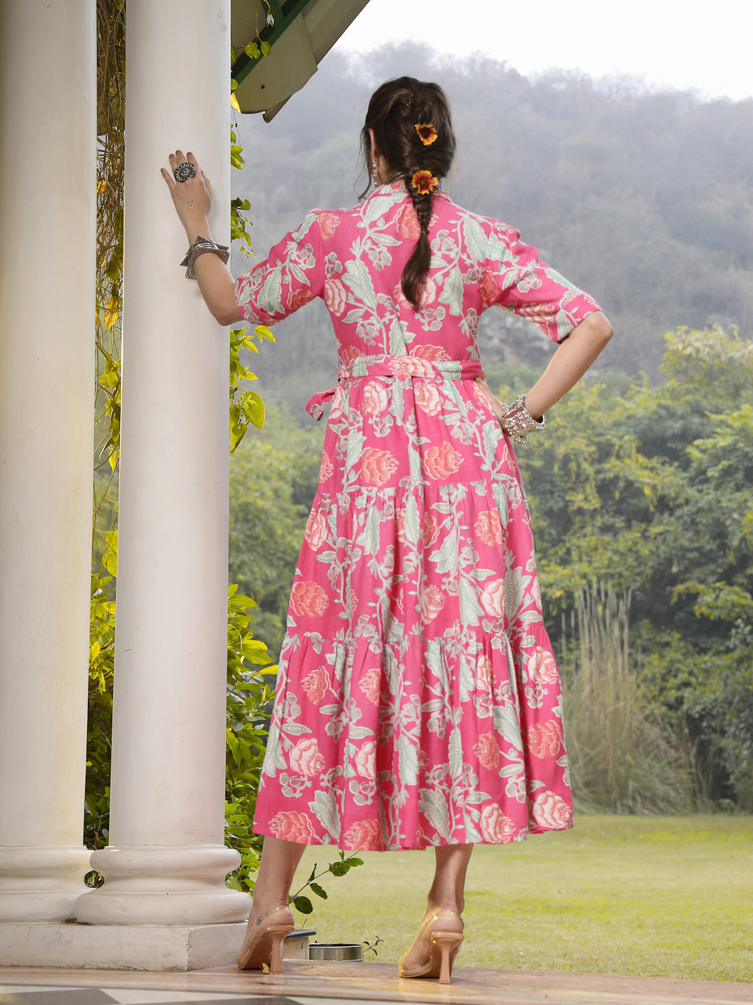 Pink Floral Printed Rayon Tiered Dress - Image 4