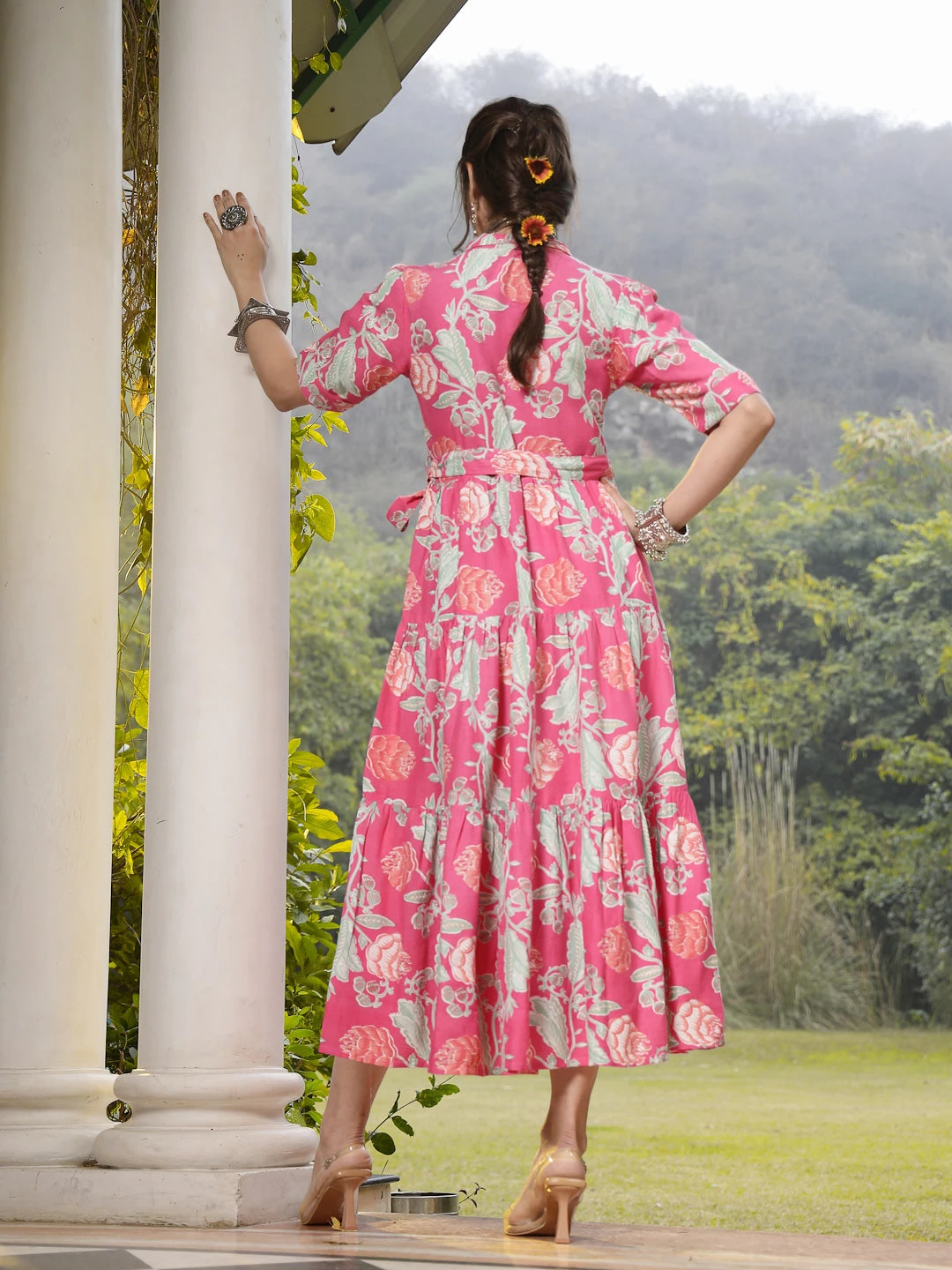 Pink Floral Printed Rayon Tiered Dress - Image 4