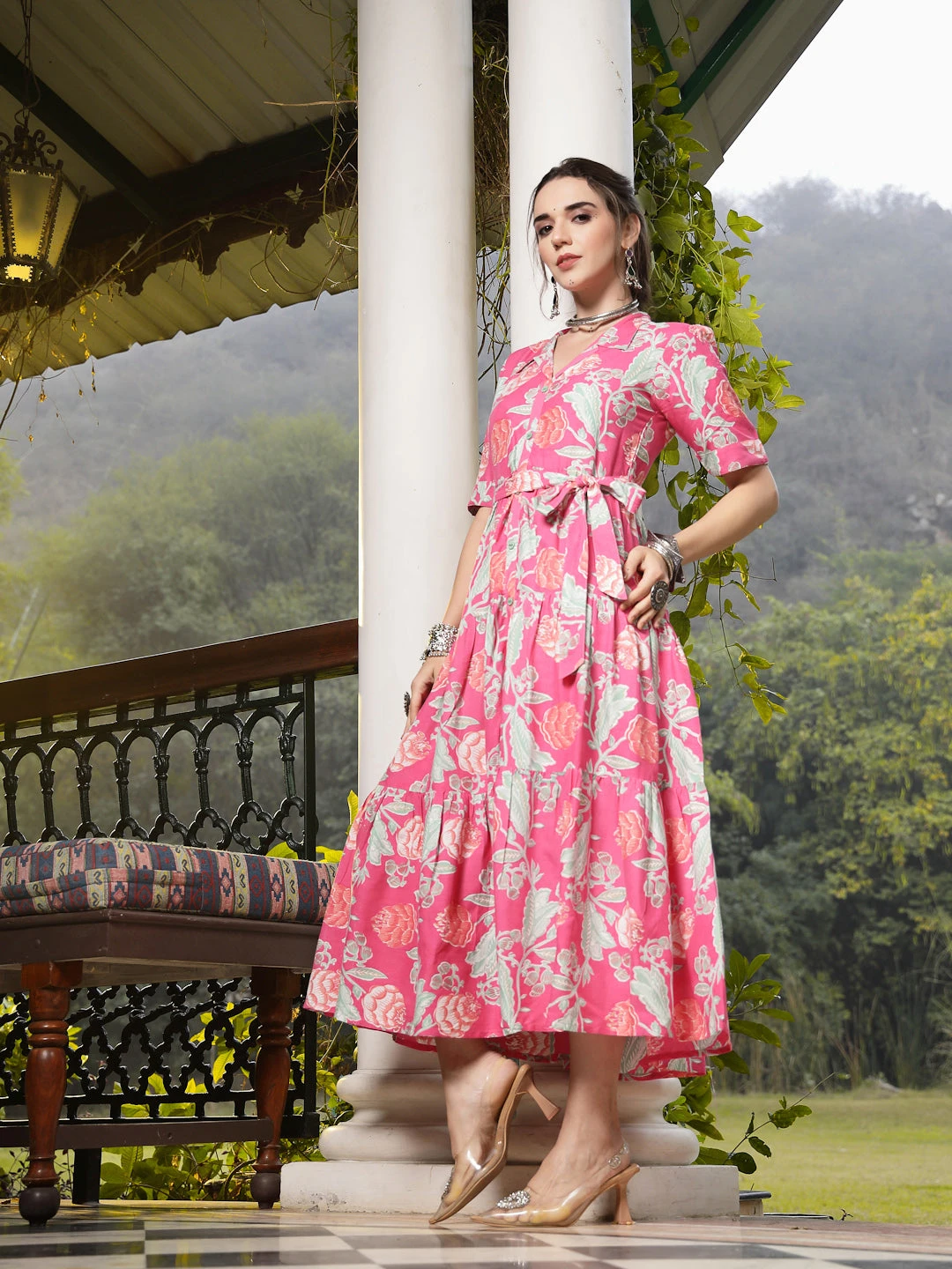 Pink Floral Printed Rayon Tiered Dress - Image 5