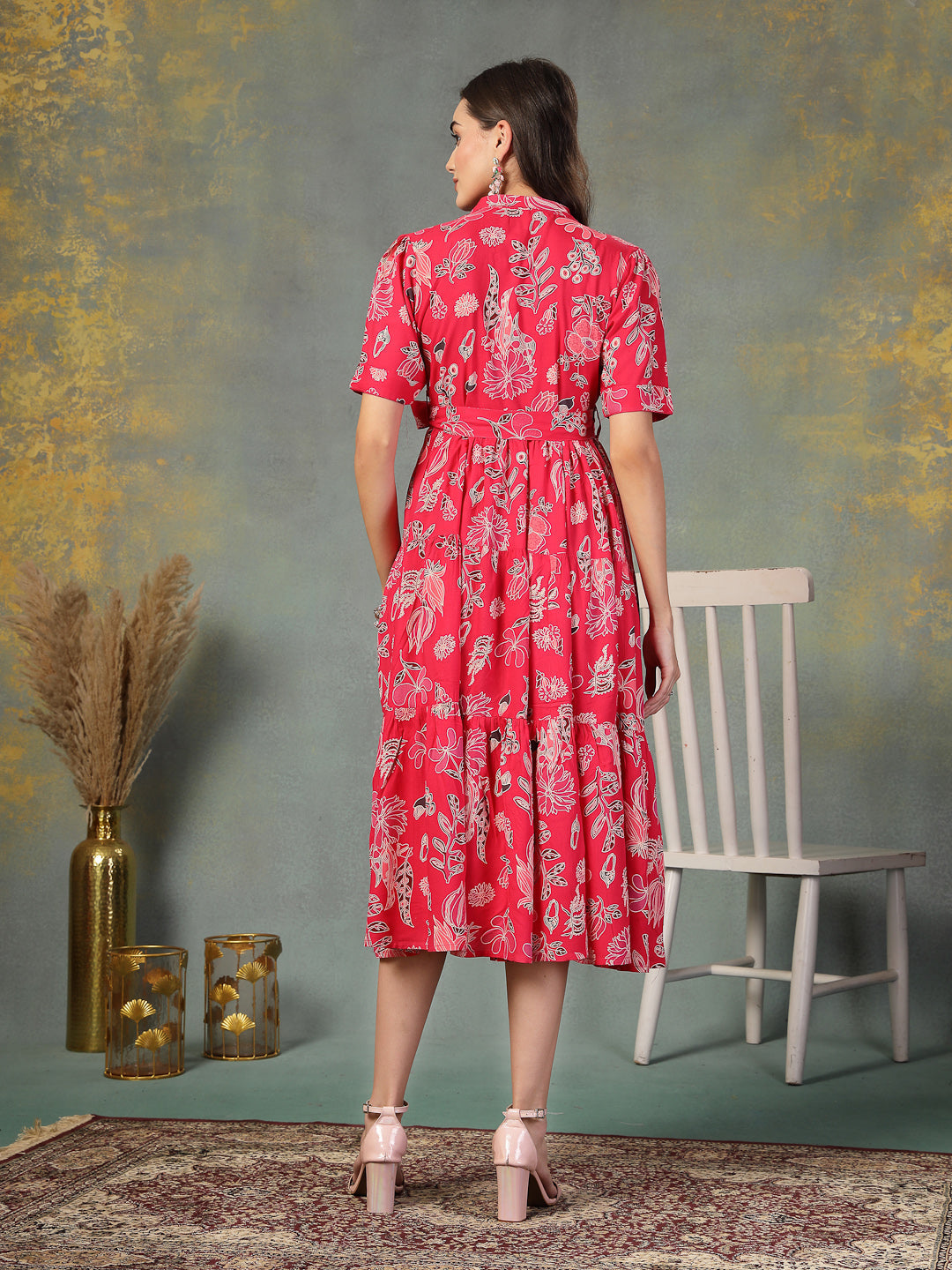 Pink Tropical Printed Rayon Tiered Dress - Image 4