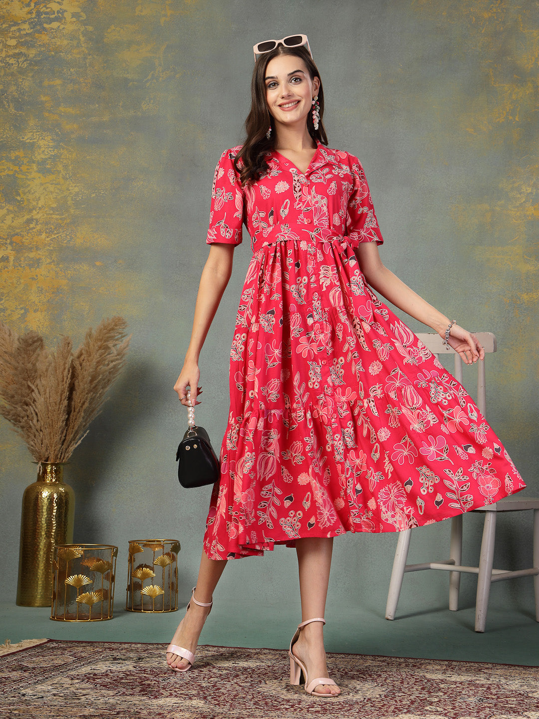 Pink Tropical Printed Rayon Tiered Dress - Image 5