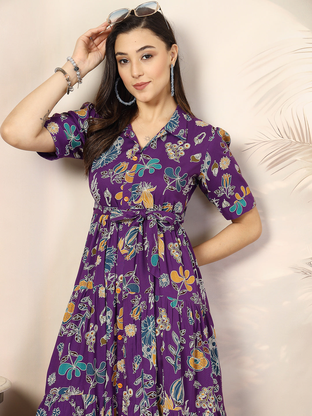Violet Tropical Printed Rayon Tiered Dress - Image 6