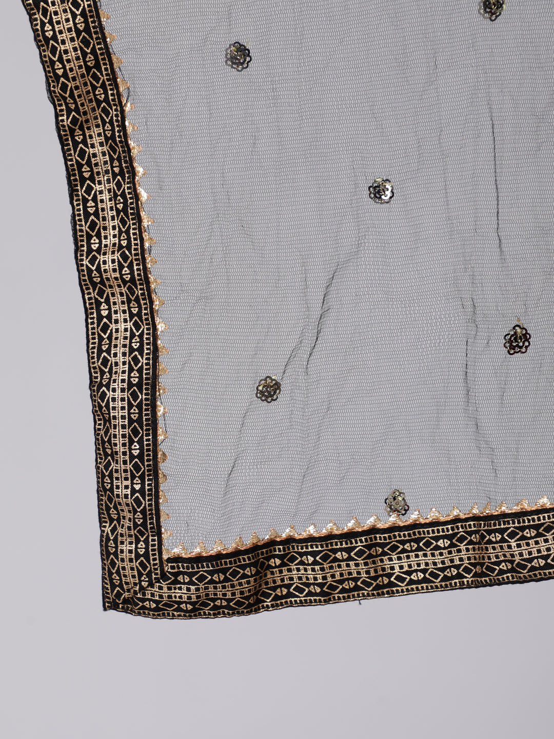 Black Gold Printed Straight Kurta Set With Net Dupatta - Image 4