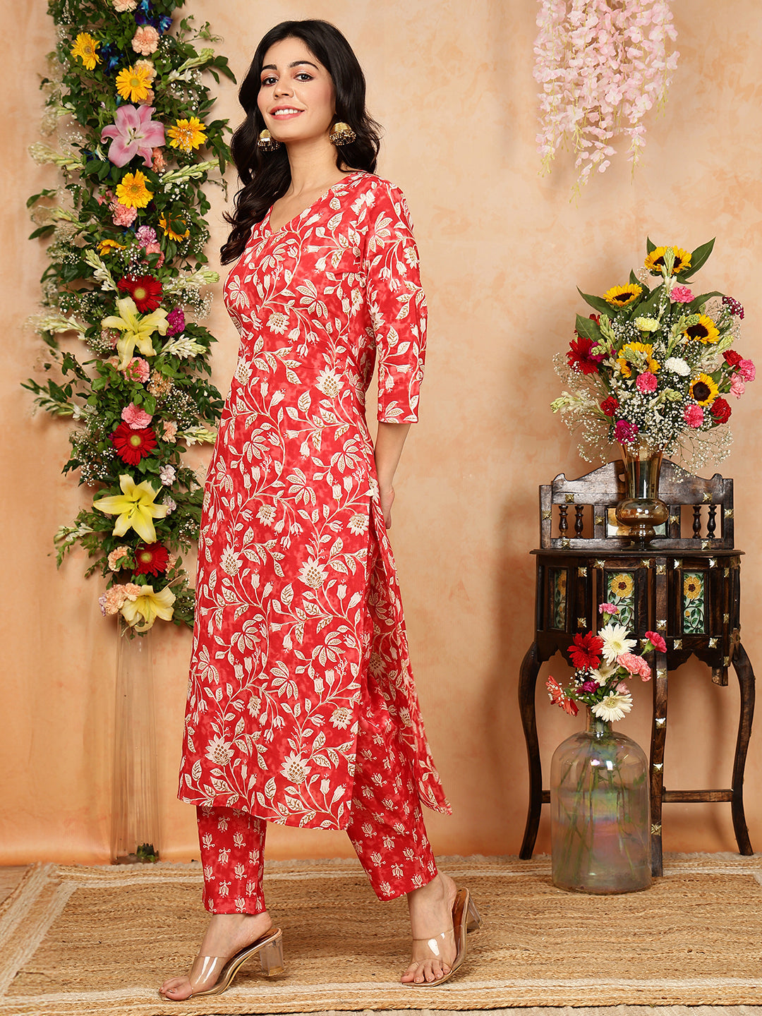 Cotton Calf Length Printed Straight 3/4 Sleeves V-Neck Kurta Bottom Dupatta Set - Image 4