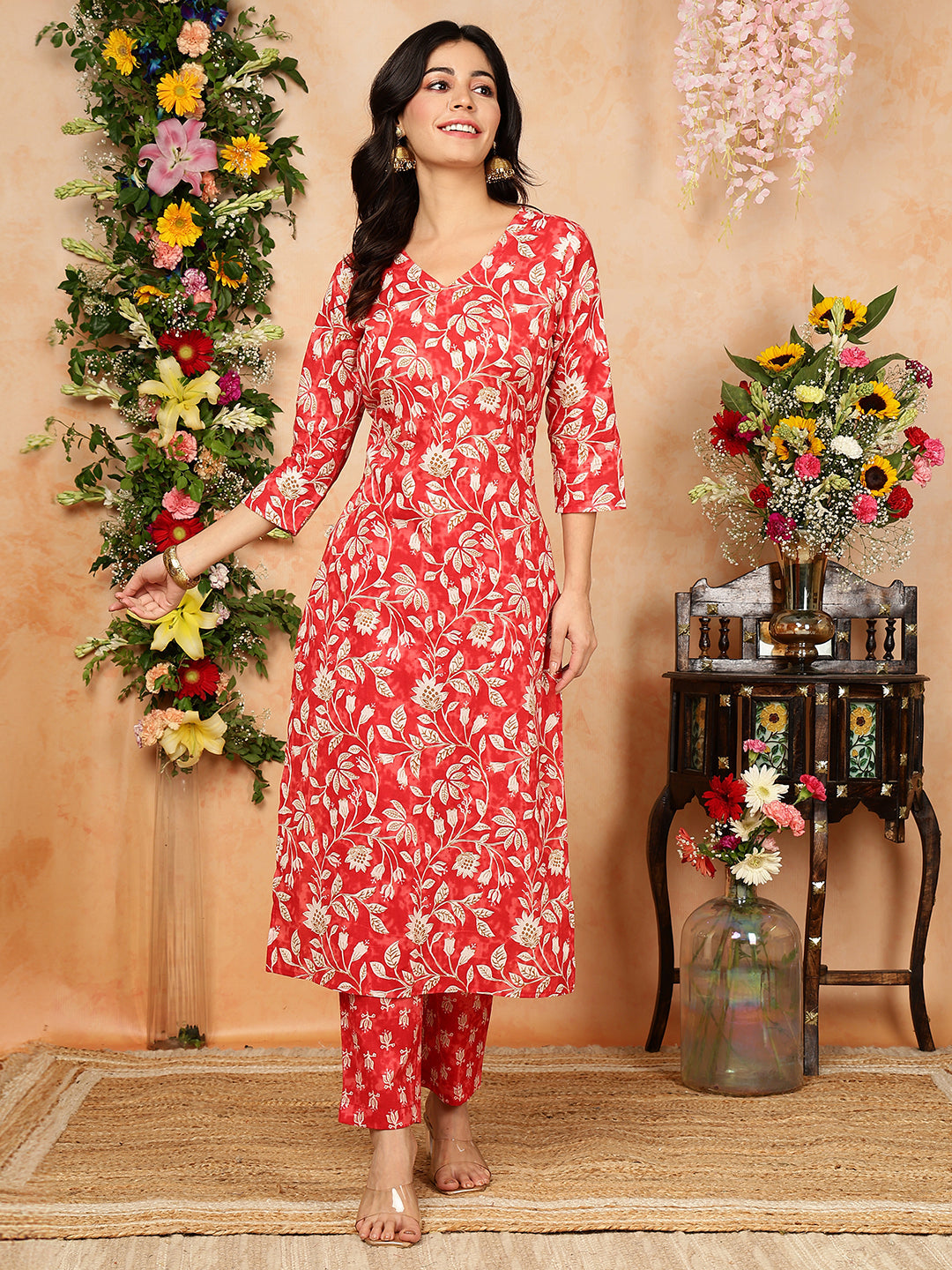 Cotton Calf Length Printed Straight 3/4 Sleeves V-Neck Kurta Bottom Dupatta Set - Image 5