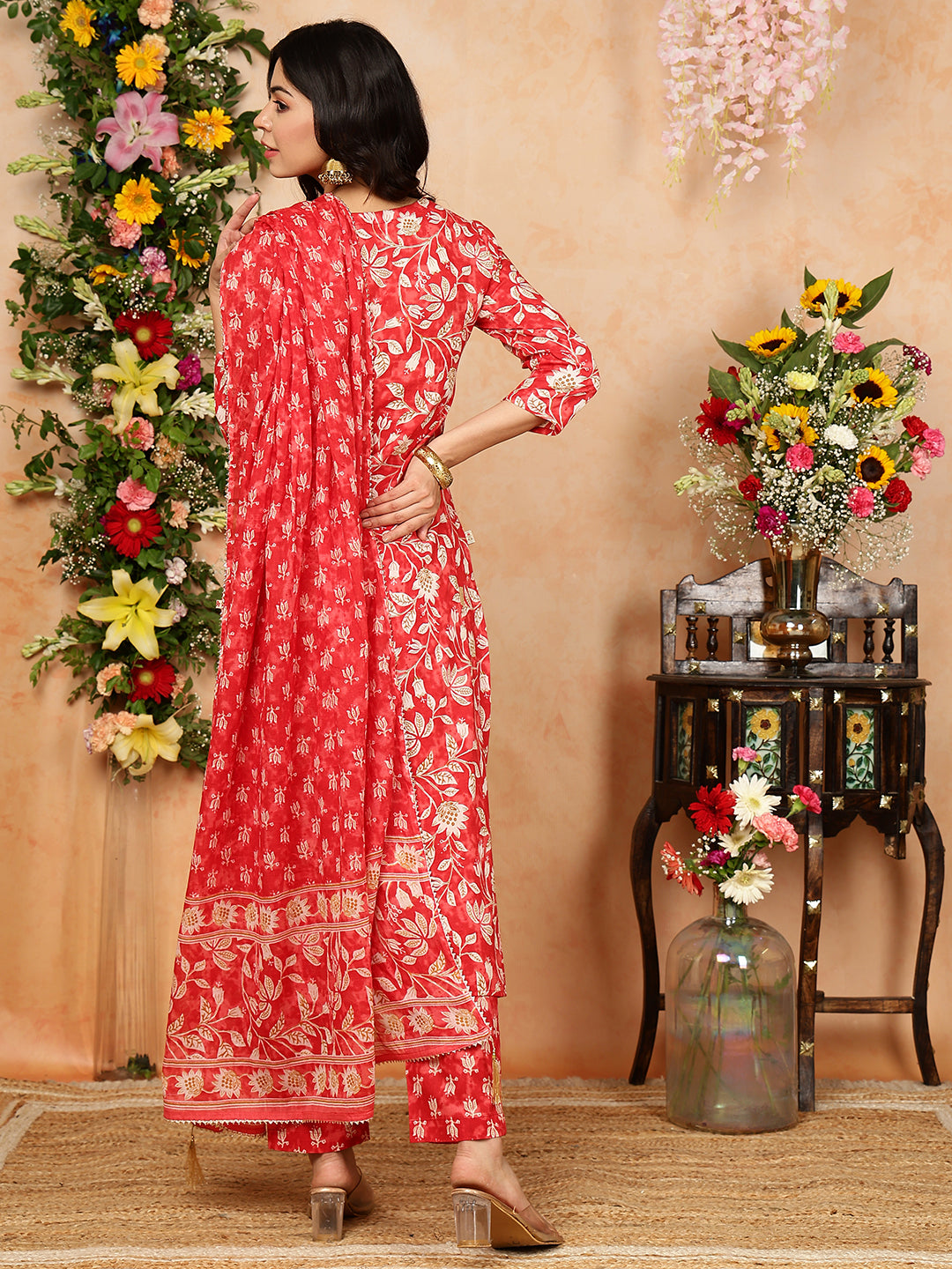 Cotton Calf Length Printed Straight 3/4 Sleeves V-Neck Kurta Bottom Dupatta Set - Image 2