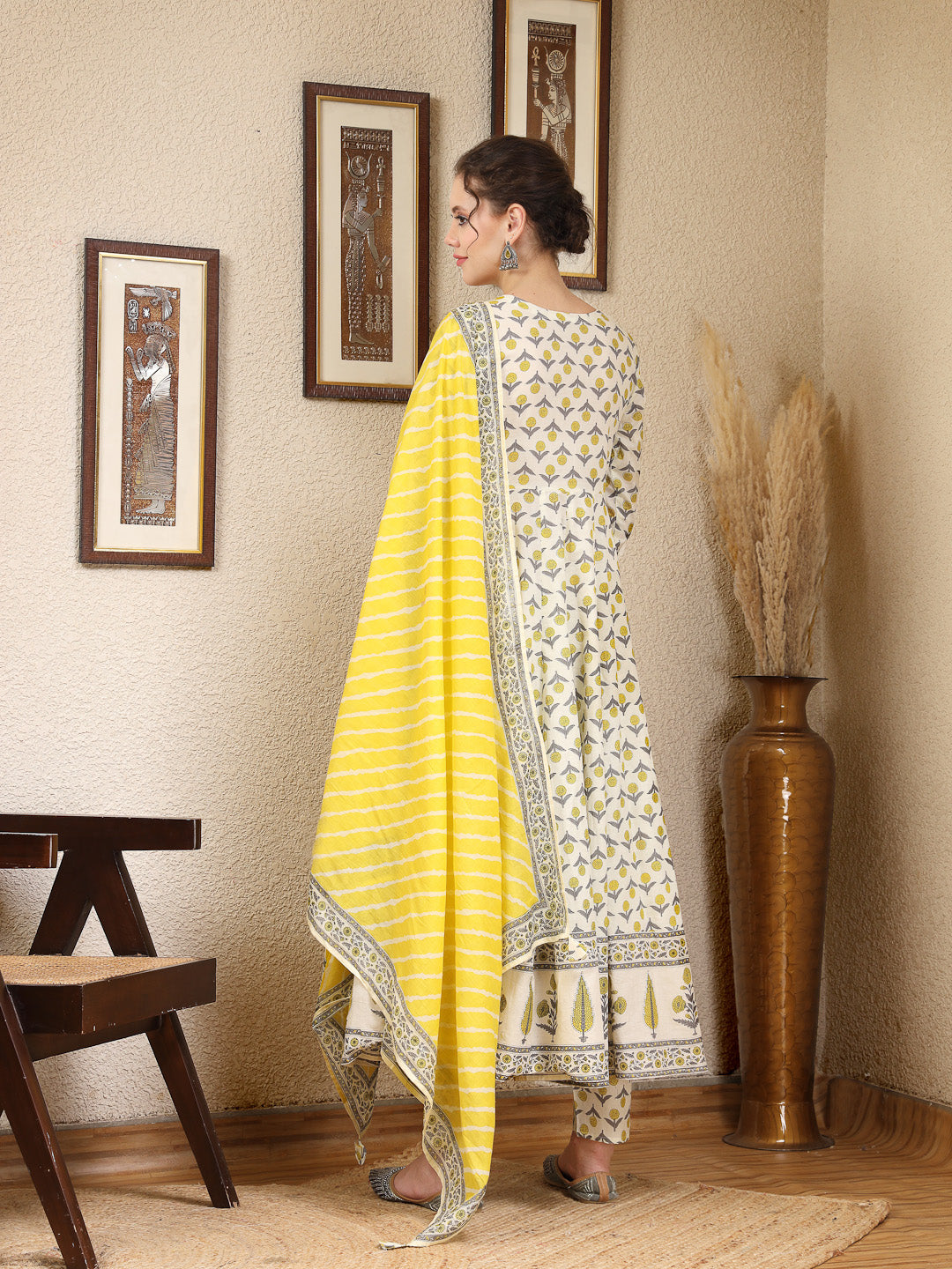 Cotton Calf Length Printed Flared 3/4 Sleeves Round Neck Kurta, Bottom With Dupatta - Image 5