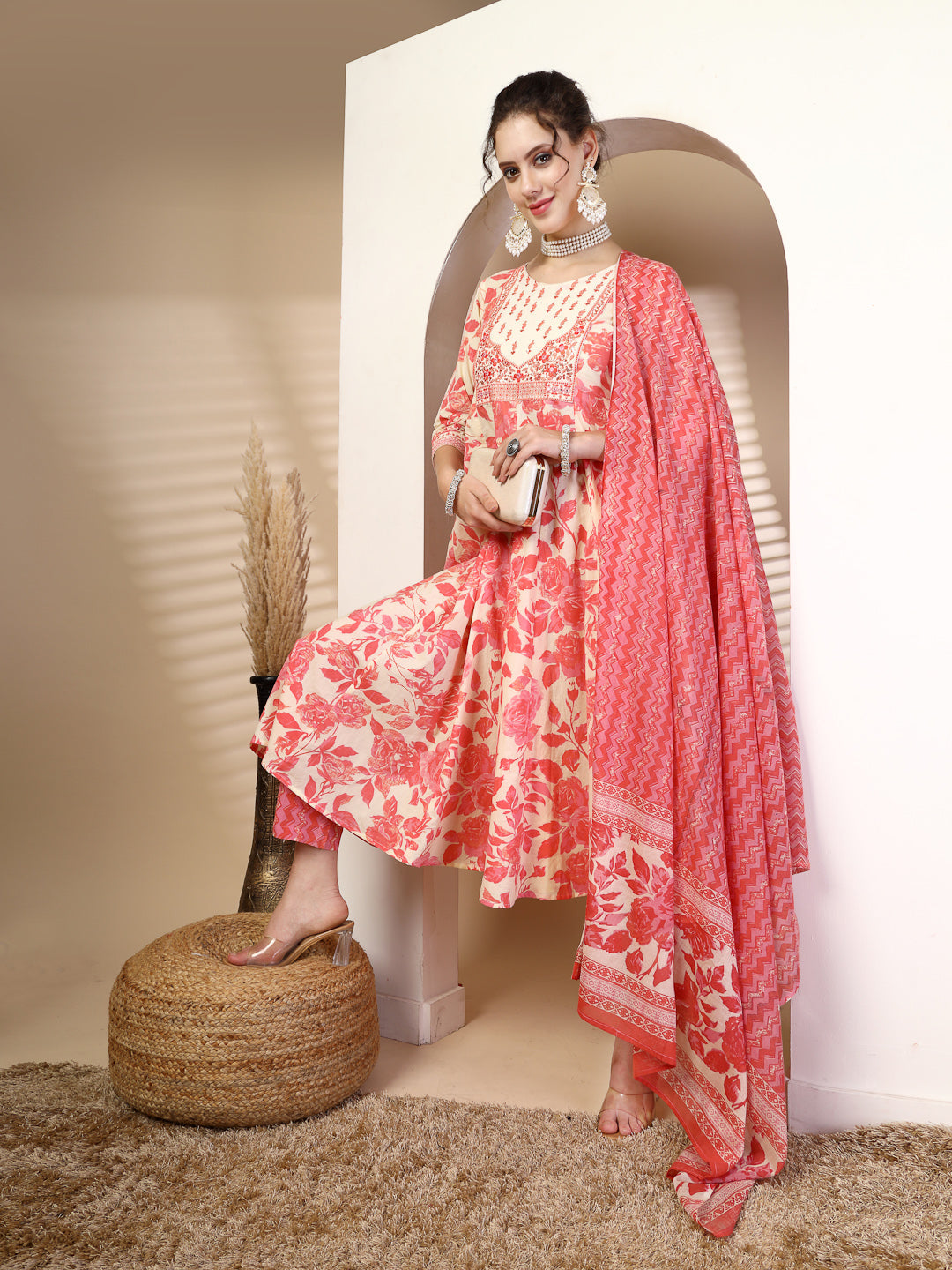 Cotton Calf Length Printed Flared 3/4 Sleeves Round Neck Kurta, Bottom With Dupatta - Image 2