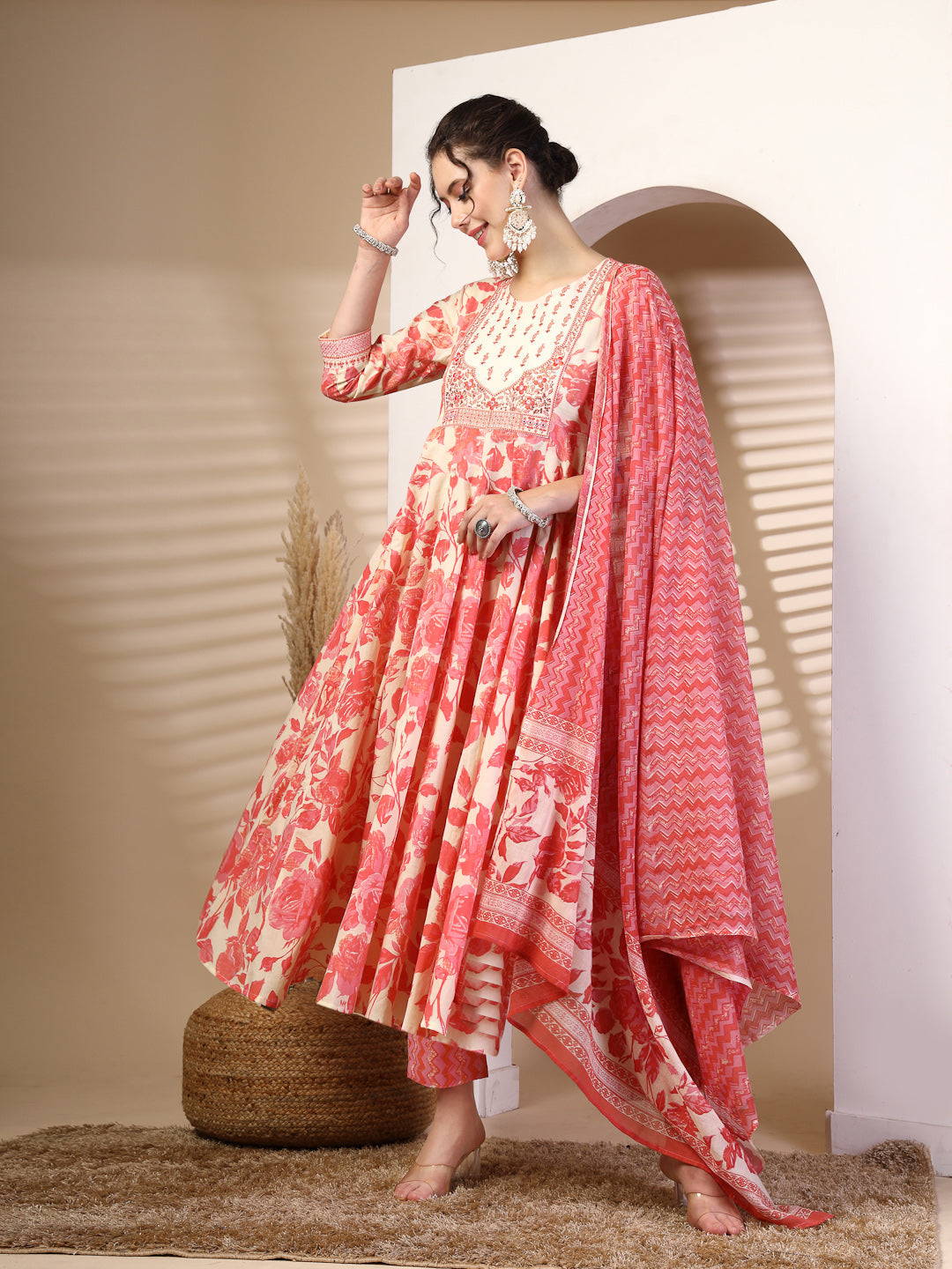Cotton Calf Length Printed Flared 3/4 Sleeves Round Neck Kurta, Bottom With Dupatta - Image 3