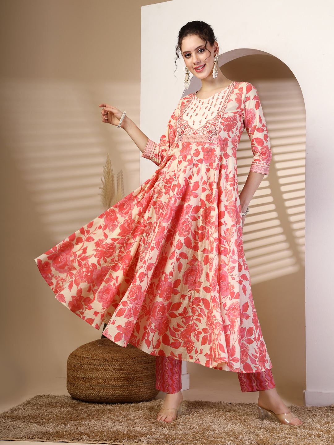 Cotton Calf Length Printed Flared 3/4 Sleeves Round Neck Kurta, Bottom With Dupatta - Image 4