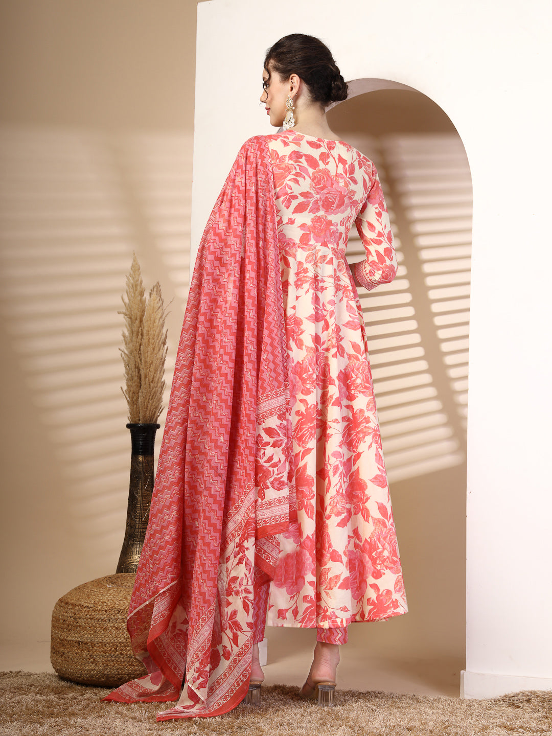 Cotton Calf Length Printed Flared 3/4 Sleeves Round Neck Kurta, Bottom With Dupatta - Image 5