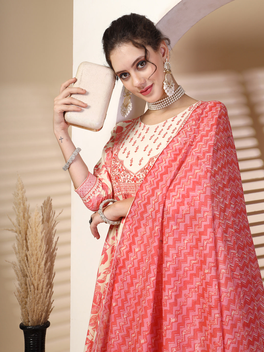 Cotton Calf Length Printed Flared 3/4 Sleeves Round Neck Kurta, Bottom With Dupatta - Image 6