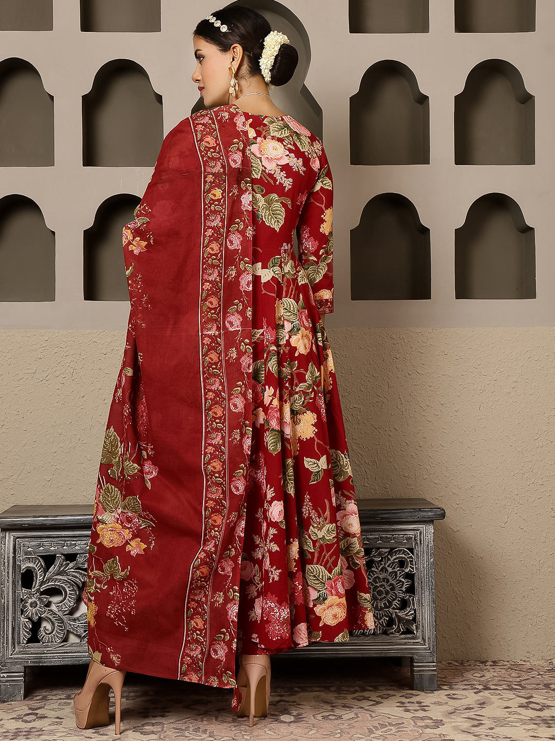 Cotton Calf Length Printed Flared 3/4 Sleeves V Neck Kurta, Bottom With Dupatta - Image 2
