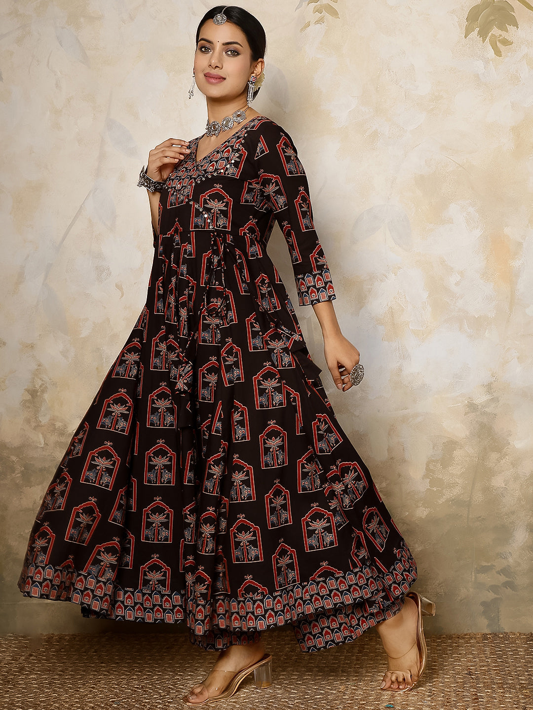 Cotton Calf Length Printed Flared 3/4 Sleeves V Neck Kurta, Bottom With Dupatta - Image 4