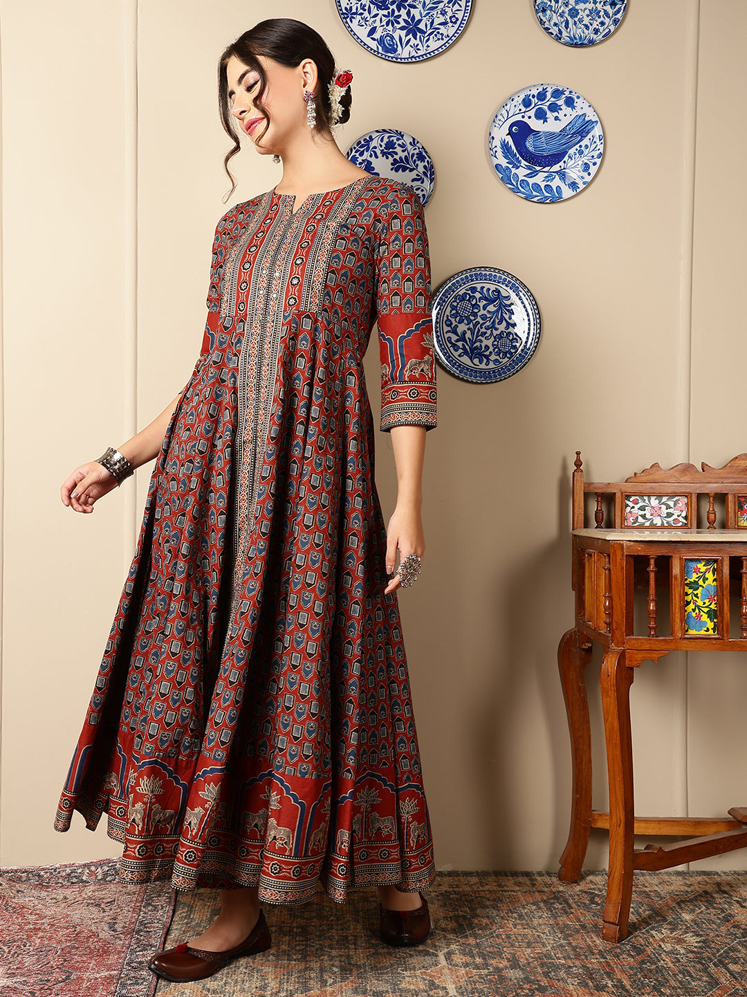 Cotton Calf Length Printed Flared 3/4 Sleeves Round Neck Kurta, Bottom With Dupatta - Image 4
