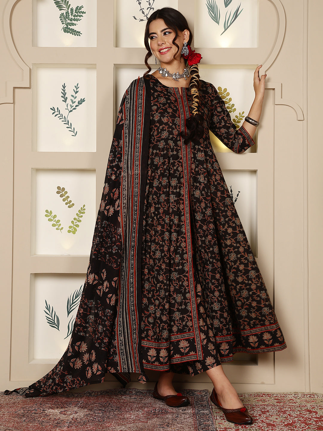 Cotton Calf Length Printed Flared 3/4 Sleeves Round Neck Kurta, Bottom With Dupatta - Image 2