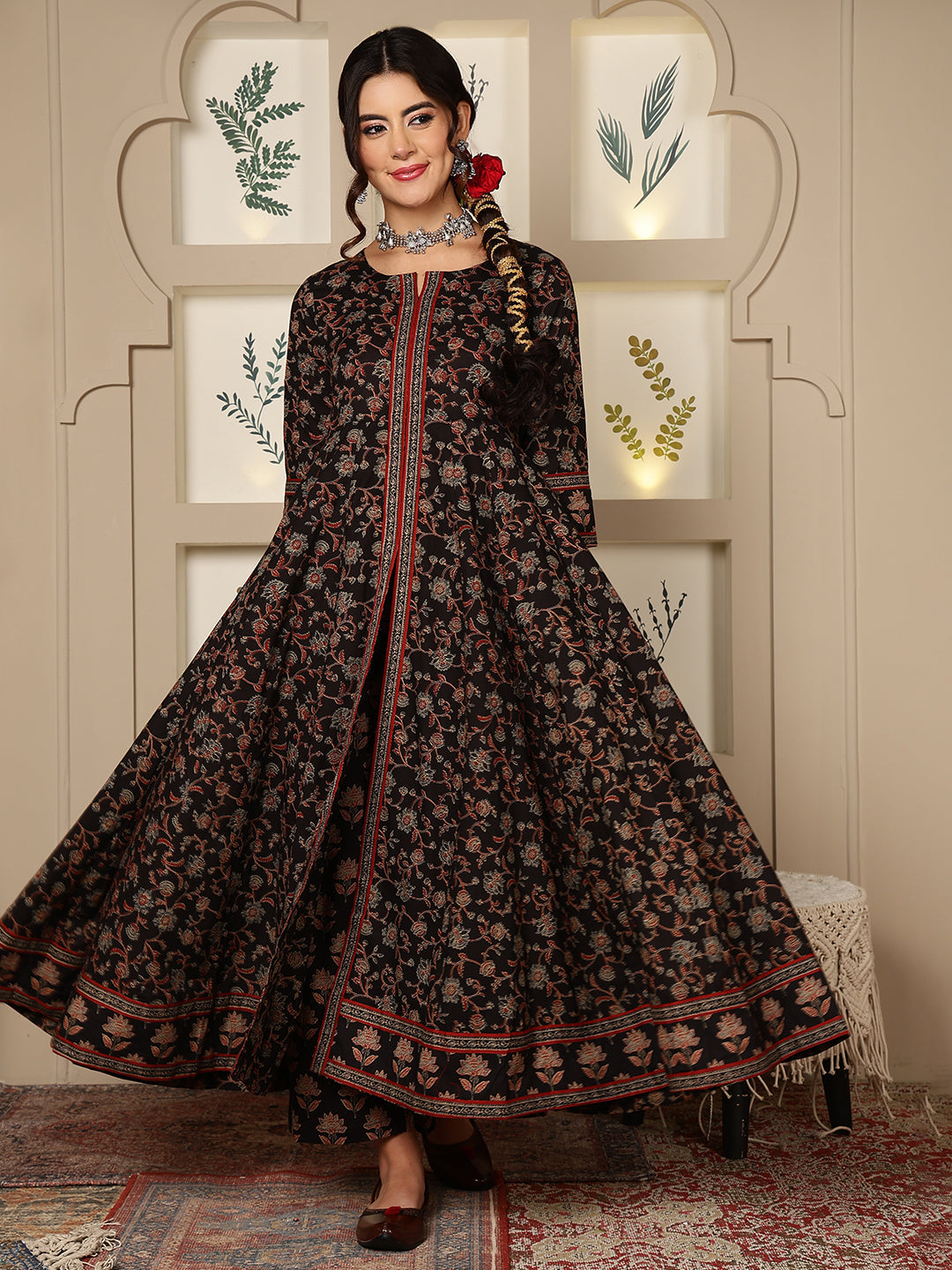 Cotton Calf Length Printed Flared 3/4 Sleeves Round Neck Kurta, Bottom With Dupatta - Image 3