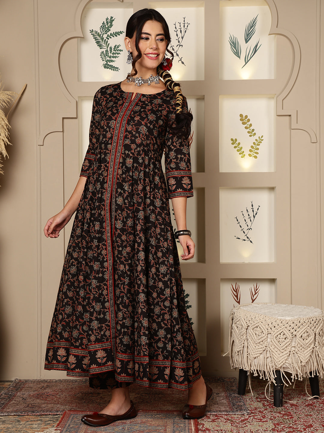 Cotton Calf Length Printed Flared 3/4 Sleeves Round Neck Kurta, Bottom With Dupatta - Image 4