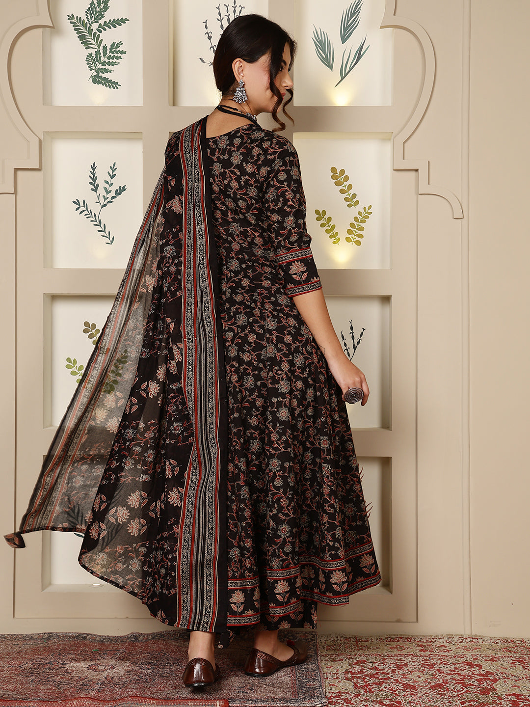 Cotton Calf Length Printed Flared 3/4 Sleeves Round Neck Kurta, Bottom With Dupatta - Image 5