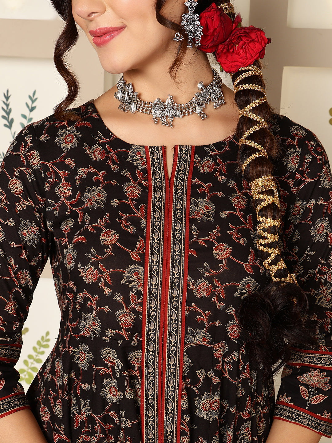 Cotton Calf Length Printed Flared 3/4 Sleeves Round Neck Kurta, Bottom With Dupatta - Image 6