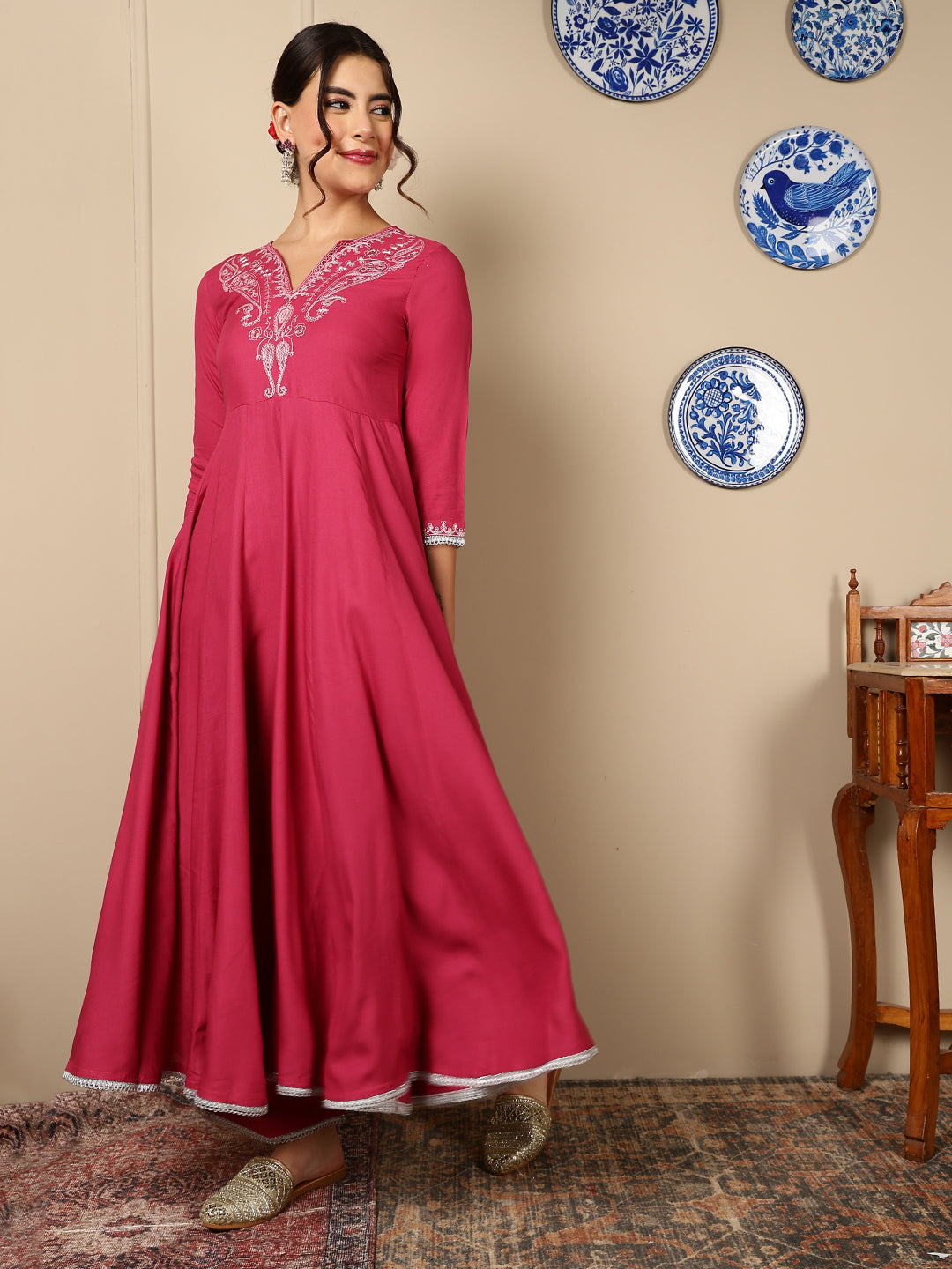 Rayon Calf Length Solid Flared 3/4 Sleeves V-Neck Kurta, Bottom With Dupatta - Image 4