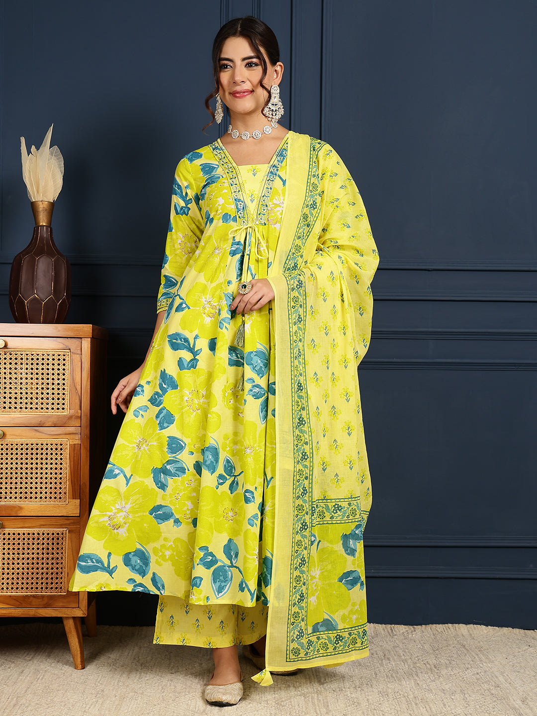 Cotton Calf Length Printed Flared 3/4 Sleeves V-Neck Kurta, Bottom With Dupatta - Image 2