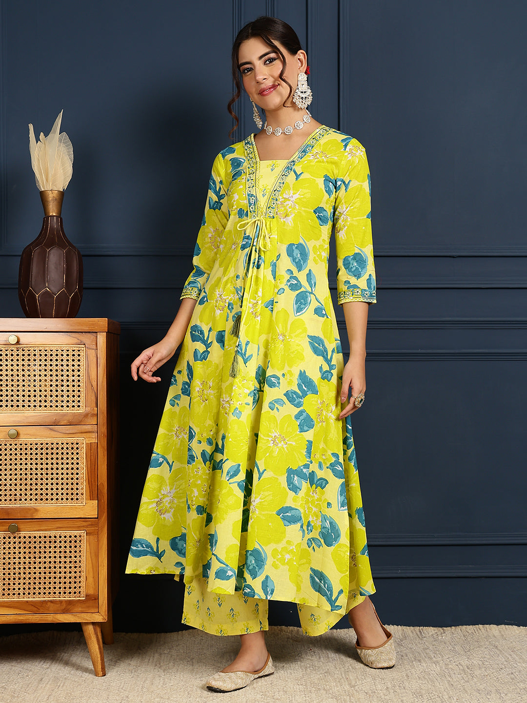 Cotton Calf Length Printed Flared 3/4 Sleeves V-Neck Kurta, Bottom With Dupatta - Image 3