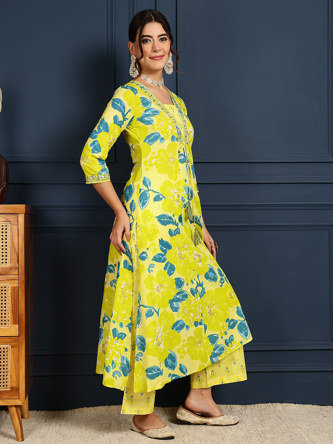 Cotton Calf Length Printed Flared 3/4 Sleeves V-Neck Kurta, Bottom With Dupatta - Image 4