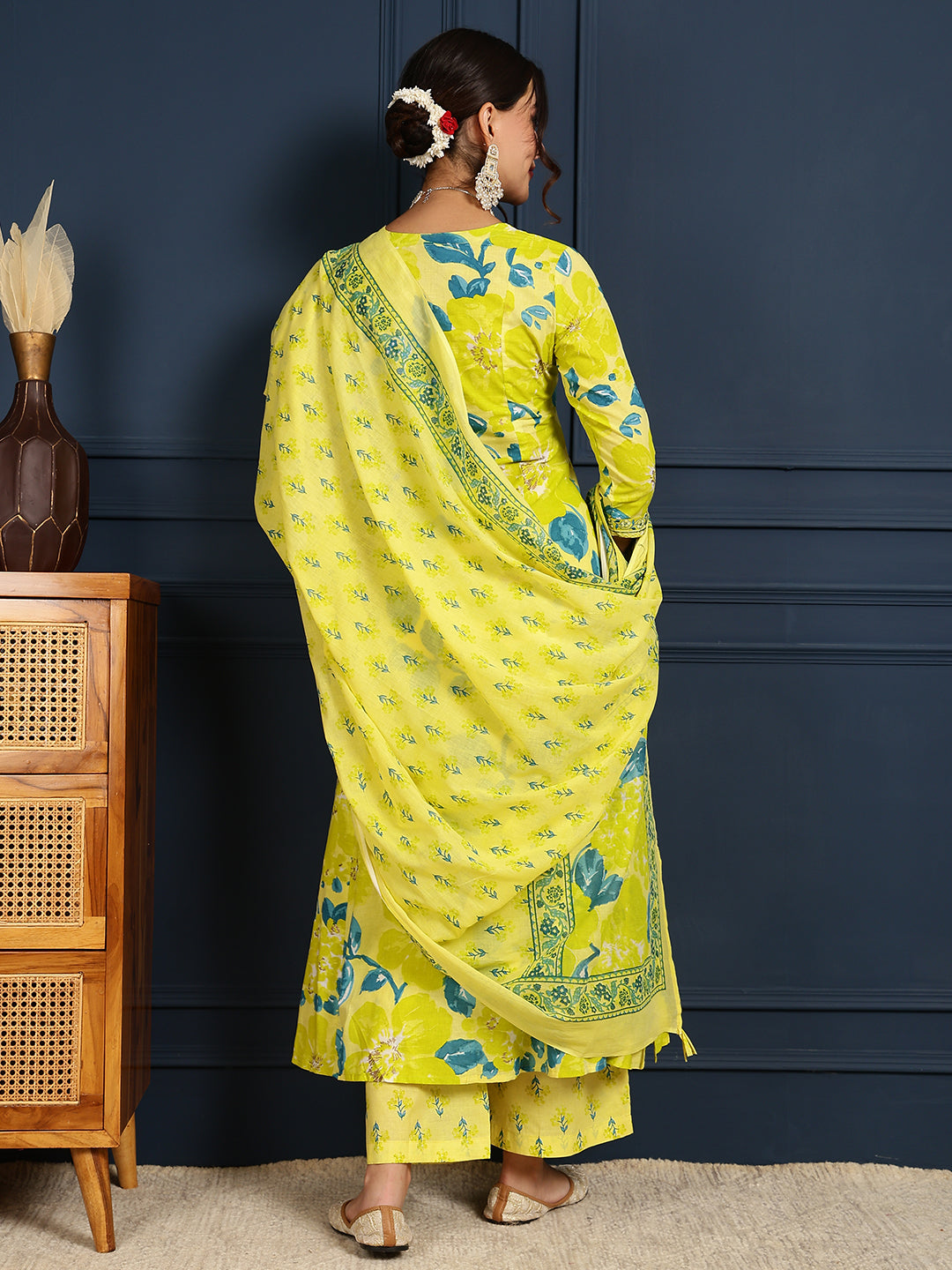 Cotton Calf Length Printed Flared 3/4 Sleeves V-Neck Kurta, Bottom With Dupatta - Image 5