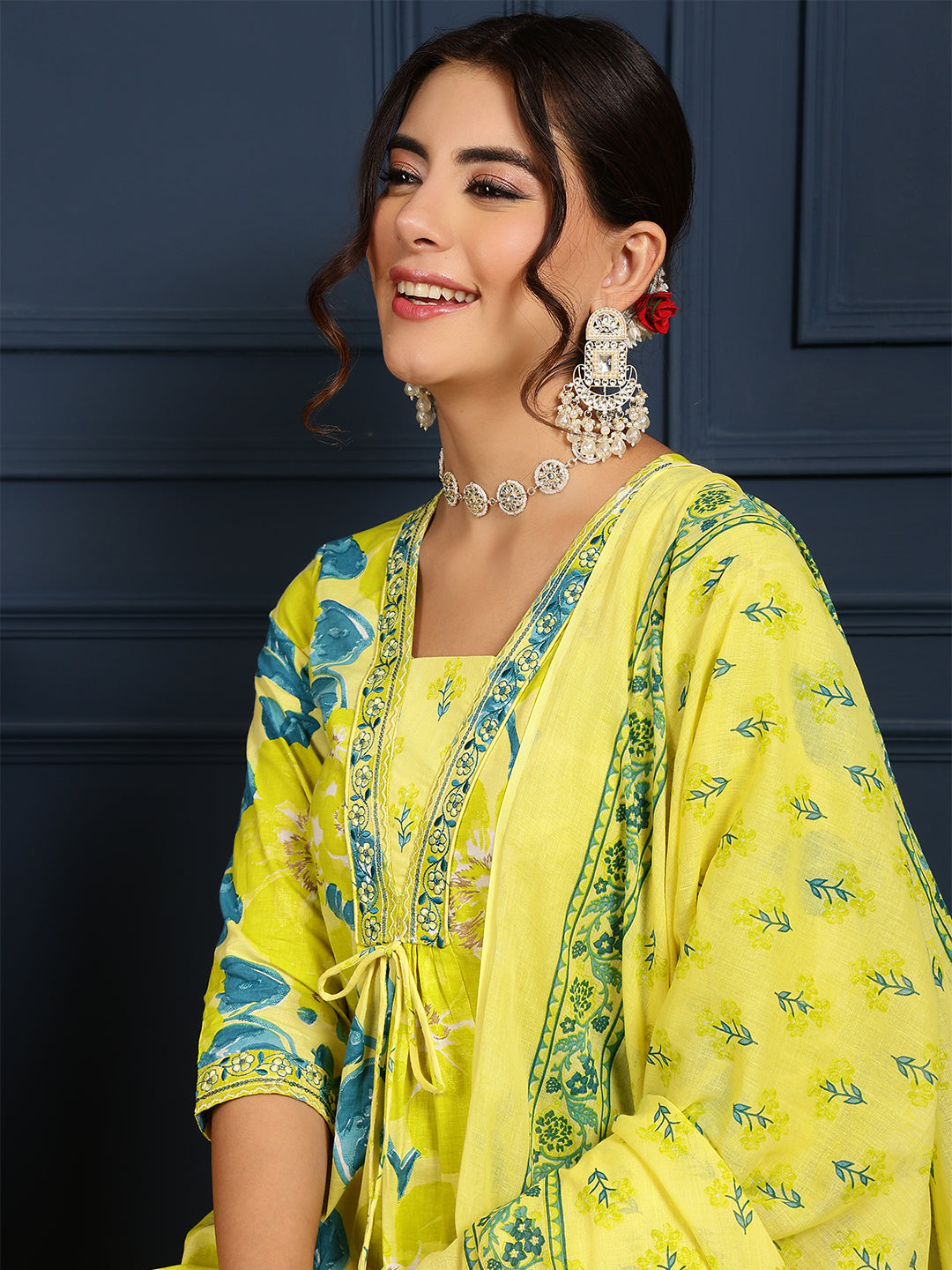 Cotton Calf Length Printed Flared 3/4 Sleeves V-Neck Kurta, Bottom With Dupatta - Image 6