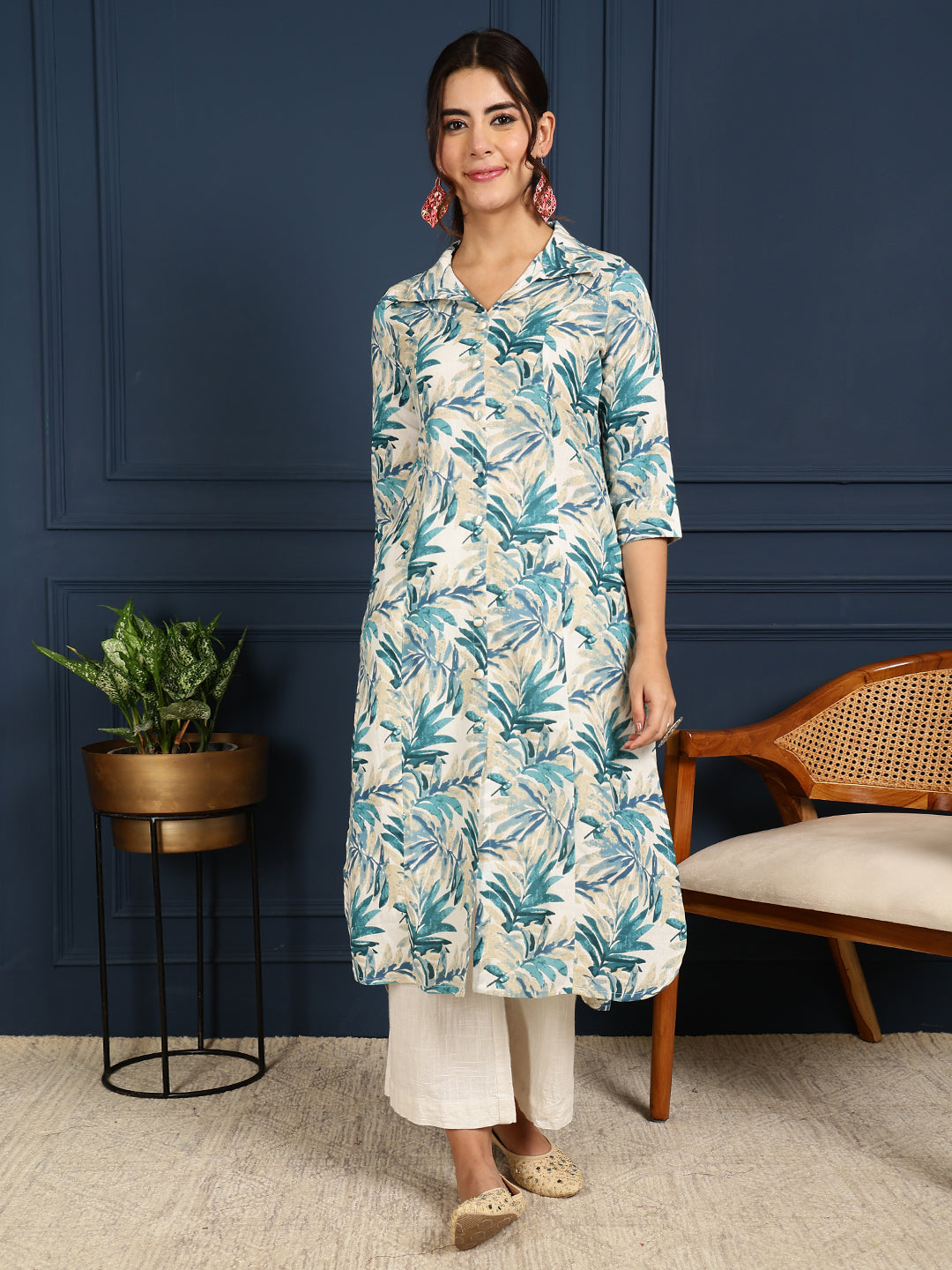 Flex Calf Length Printed Straight 3/4 Sleeves Shirt Coller Kurta - Image 2