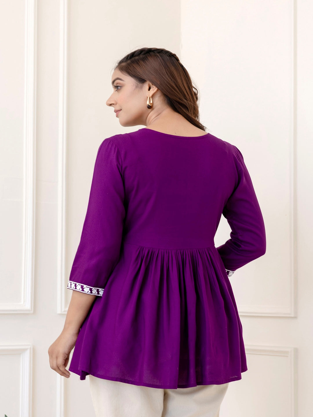 Rayon Hip Length Solid Flared 3/4 Sleeves V-Neck Solid Embroidered Top - Image 5