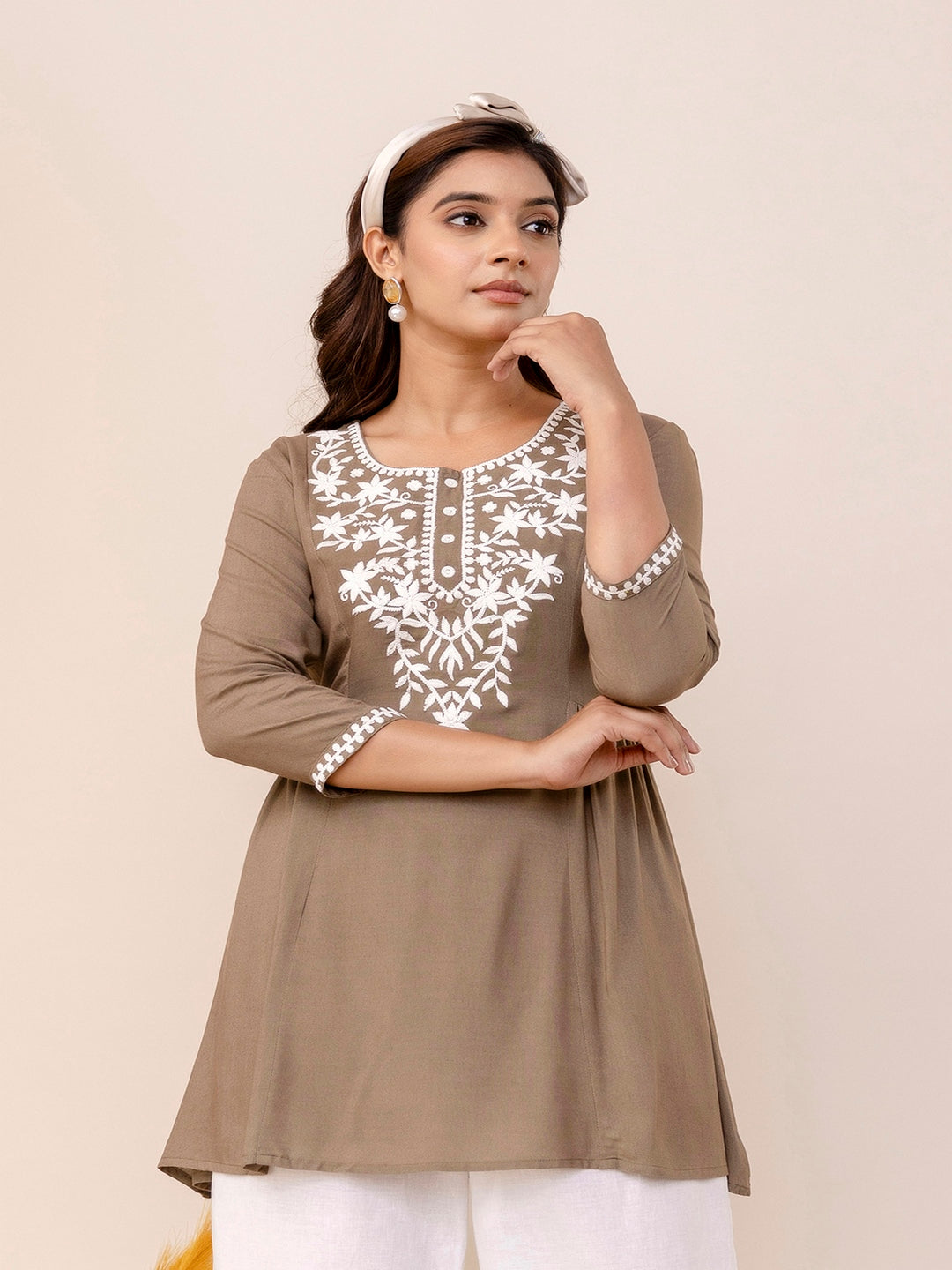Rayon Hip Length Solid Straight 3/4 Sleeves Round Neck Solid Embroidered Top - Image 3