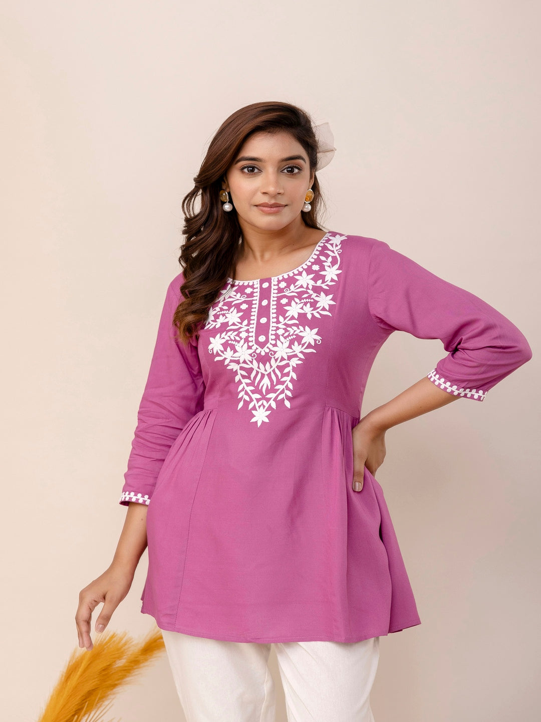Rayon Hip Length Solid Straight 3/4 Sleeves Round Neck Solid Embroidered Top - Image 2