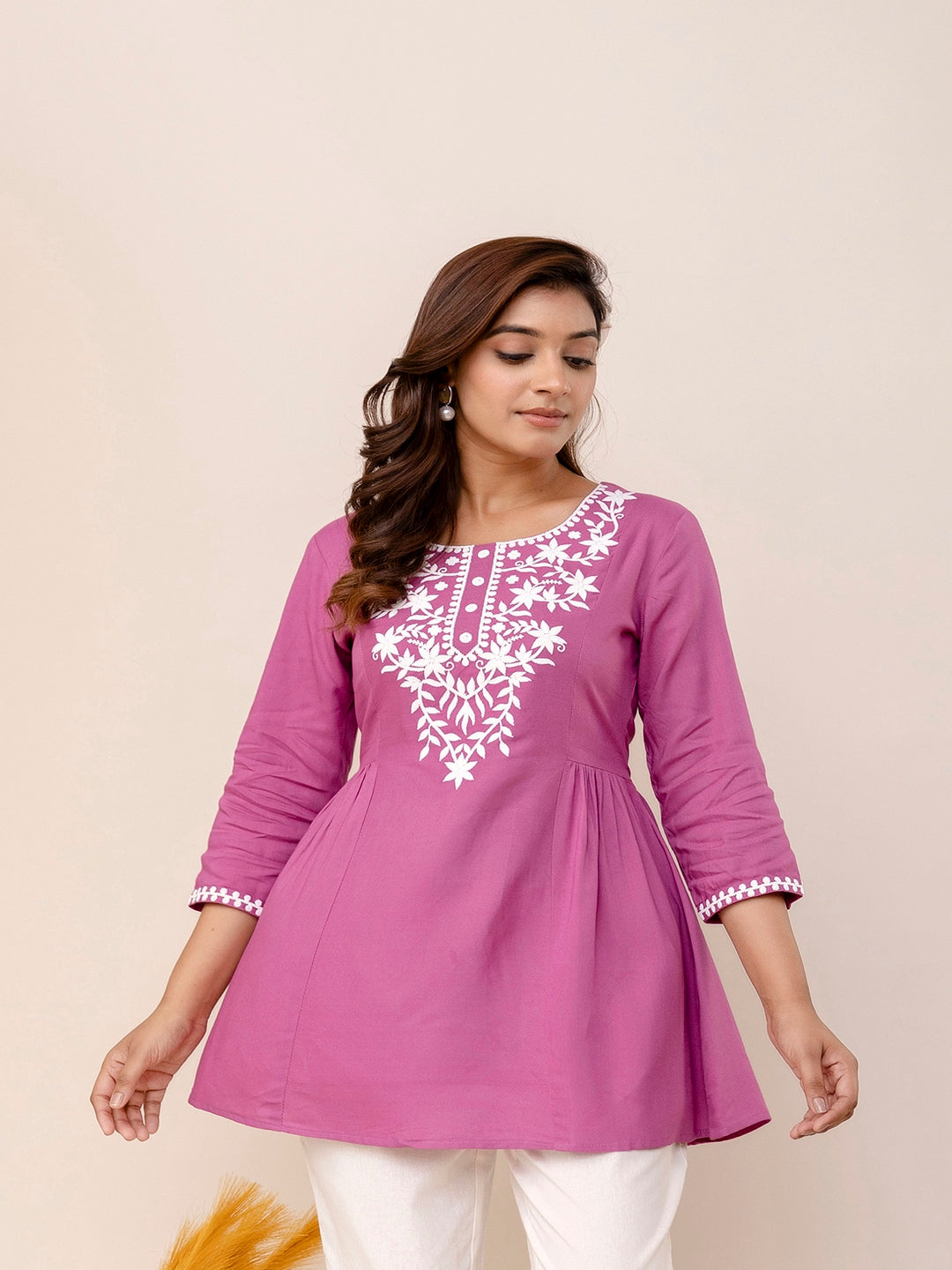 Rayon Hip Length Solid Straight 3/4 Sleeves Round Neck Solid Embroidered Top - Image 3