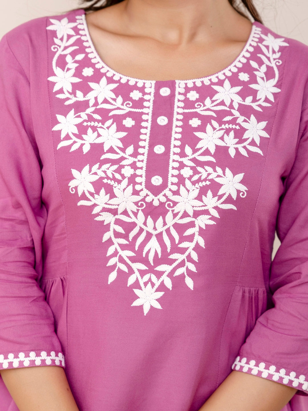 Rayon Hip Length Solid Straight 3/4 Sleeves Round Neck Solid Embroidered Top - Image 4