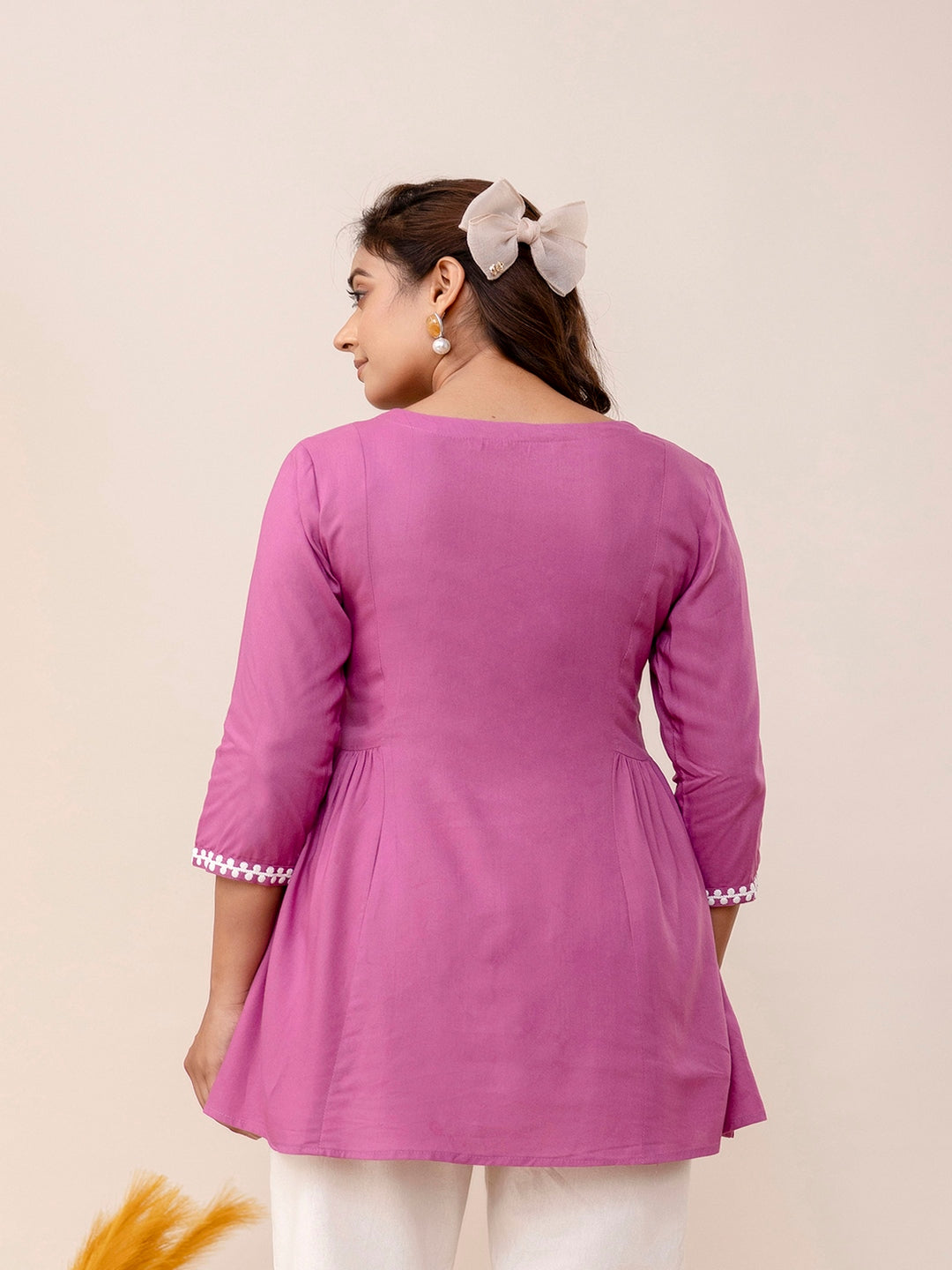 Rayon Hip Length Solid Straight 3/4 Sleeves Round Neck Solid Embroidered Top - Image 5