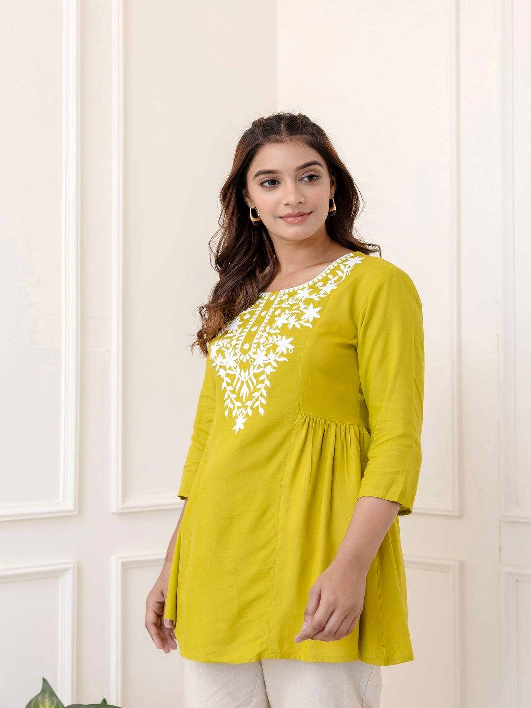 Rayon Hip Length Solid Straight 3/4 Sleeves Round Neck Solid Embroidered Top - Image 2