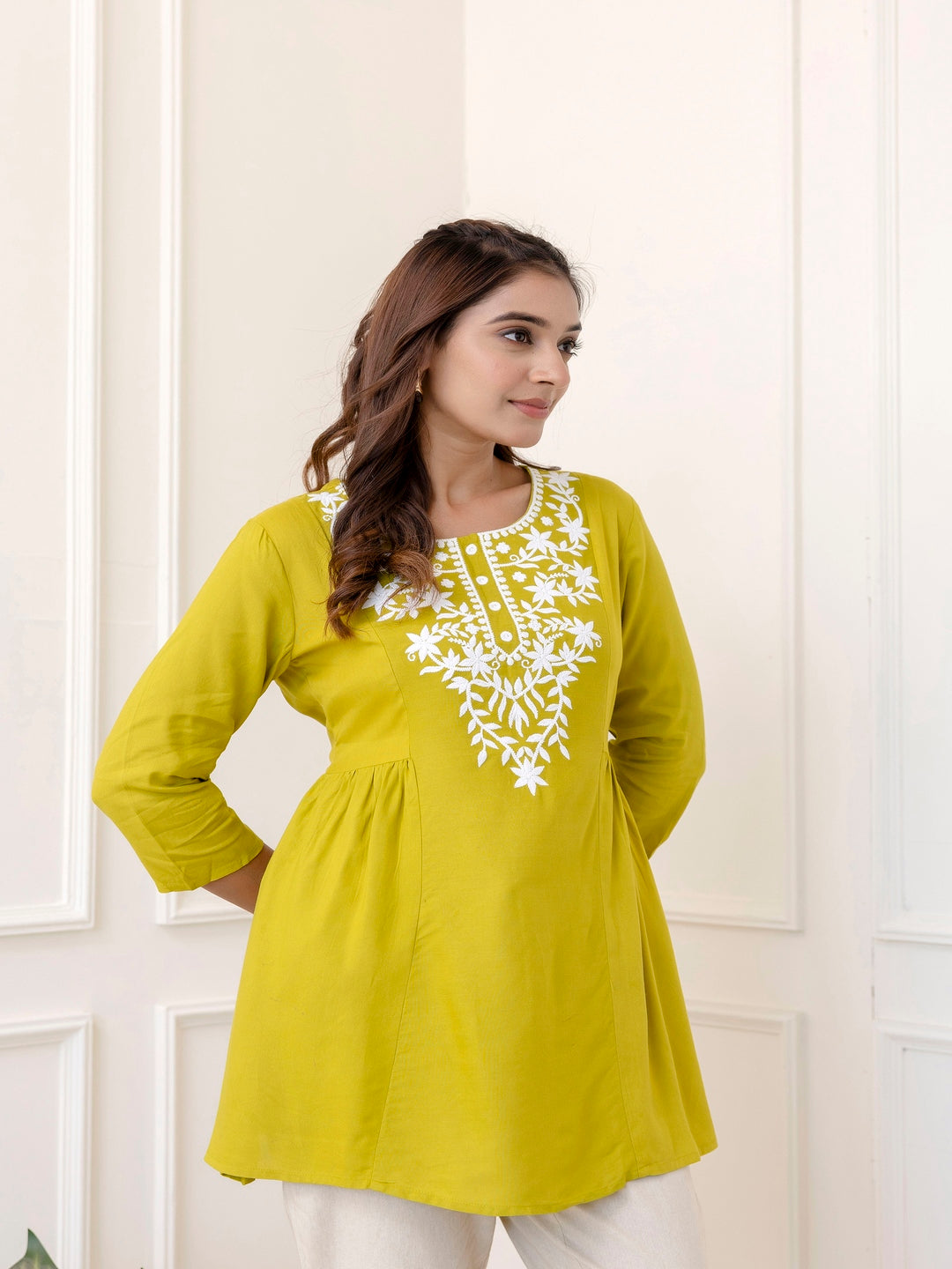 Rayon Hip Length Solid Straight 3/4 Sleeves Round Neck Solid Embroidered Top - Image 3