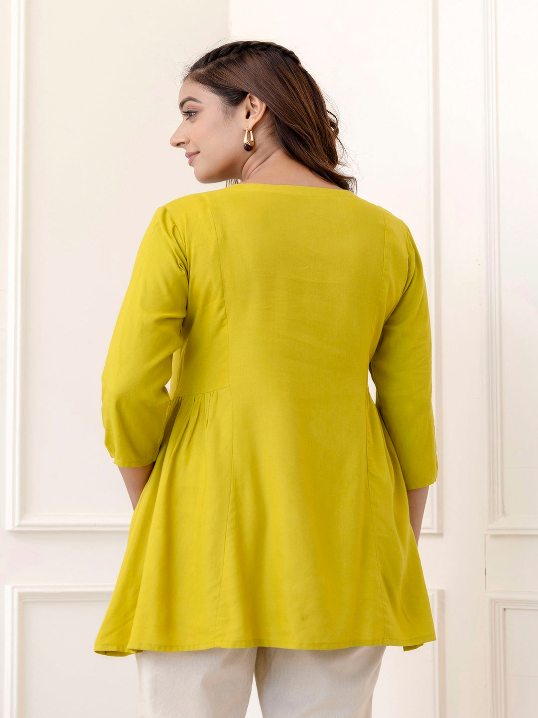 Rayon Hip Length Solid Straight 3/4 Sleeves Round Neck Solid Embroidered Top - Image 5