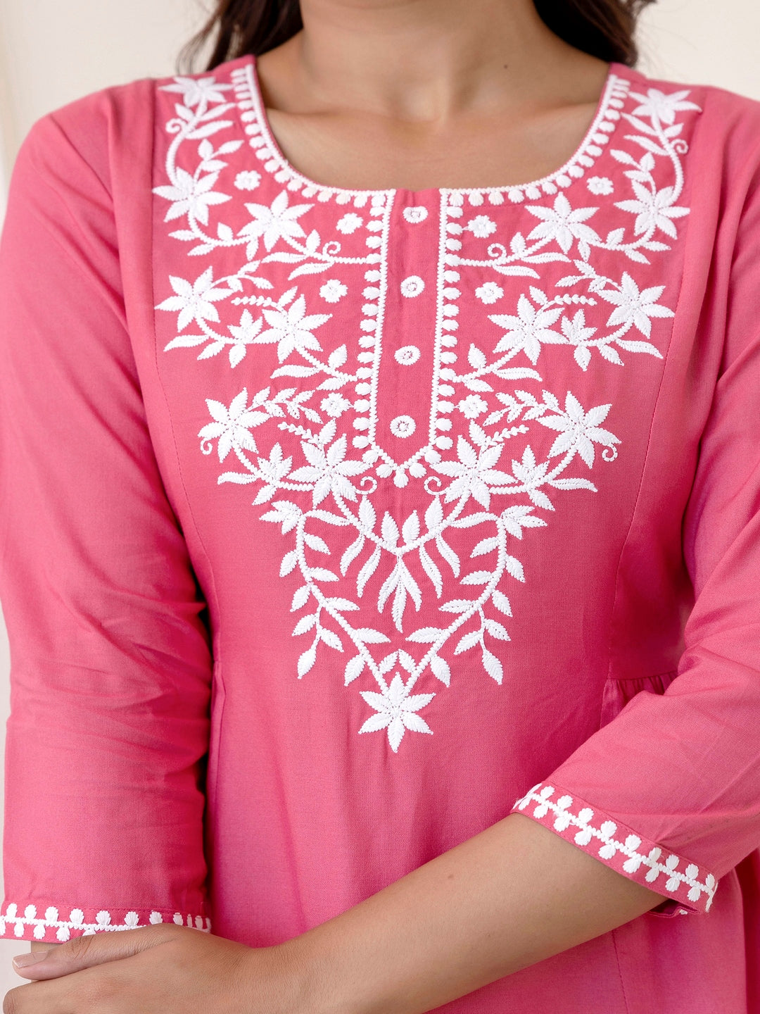 Rayon Hip Length Solid Straight 3/4 Sleeves Round Neck Solid Embroidered Top - Image 2