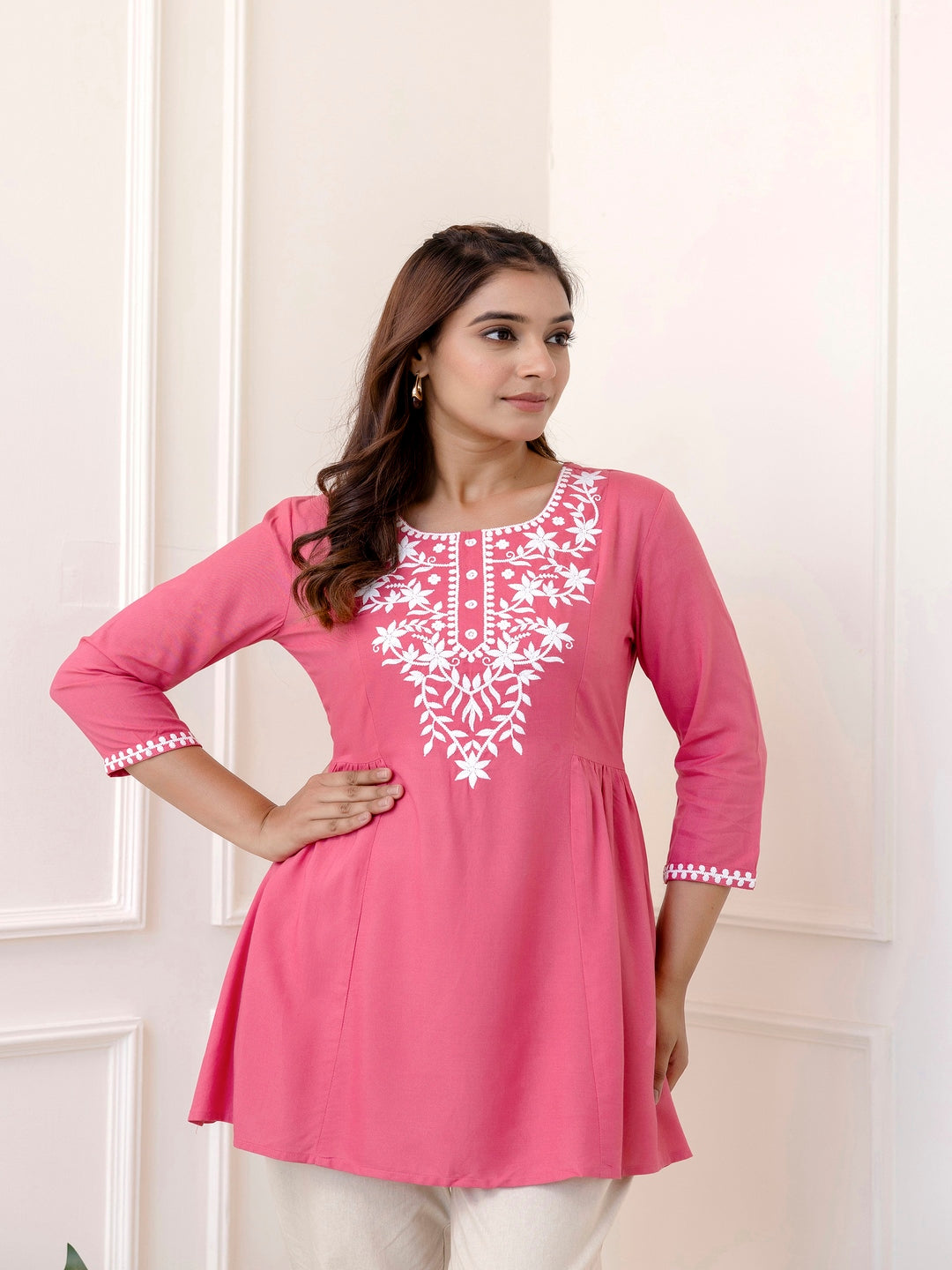 Rayon Hip Length Solid Straight 3/4 Sleeves Round Neck Solid Embroidered Top - Image 3