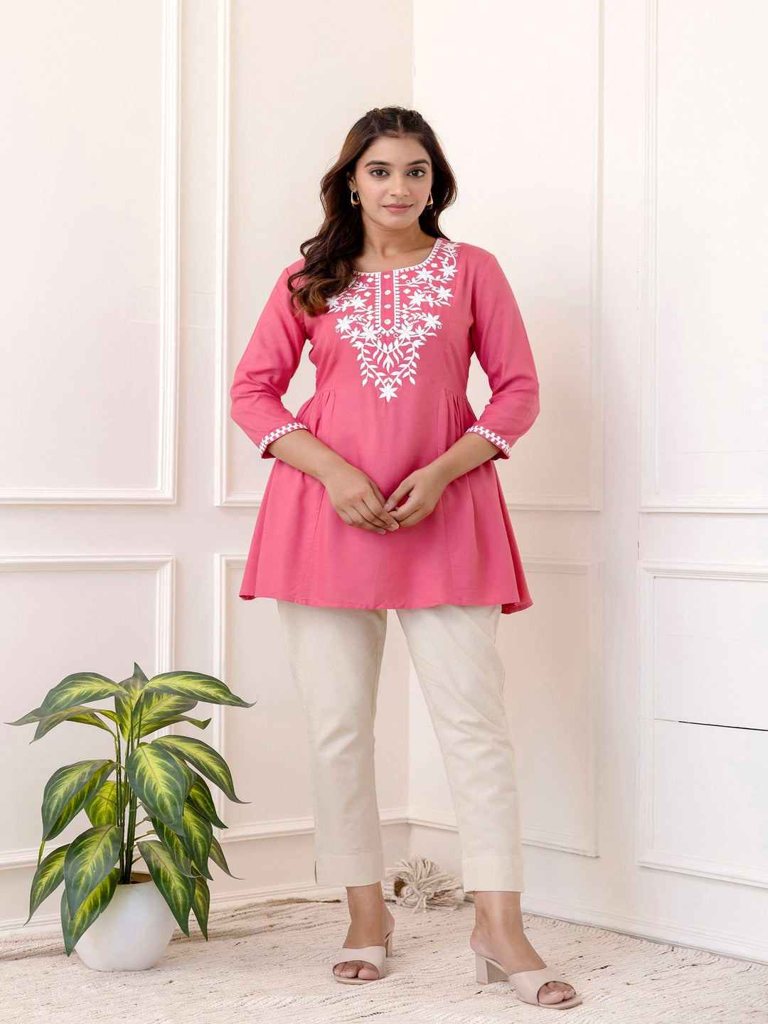 Rayon Hip Length Solid Straight 3/4 Sleeves Round Neck Solid Embroidered Top - Image 4