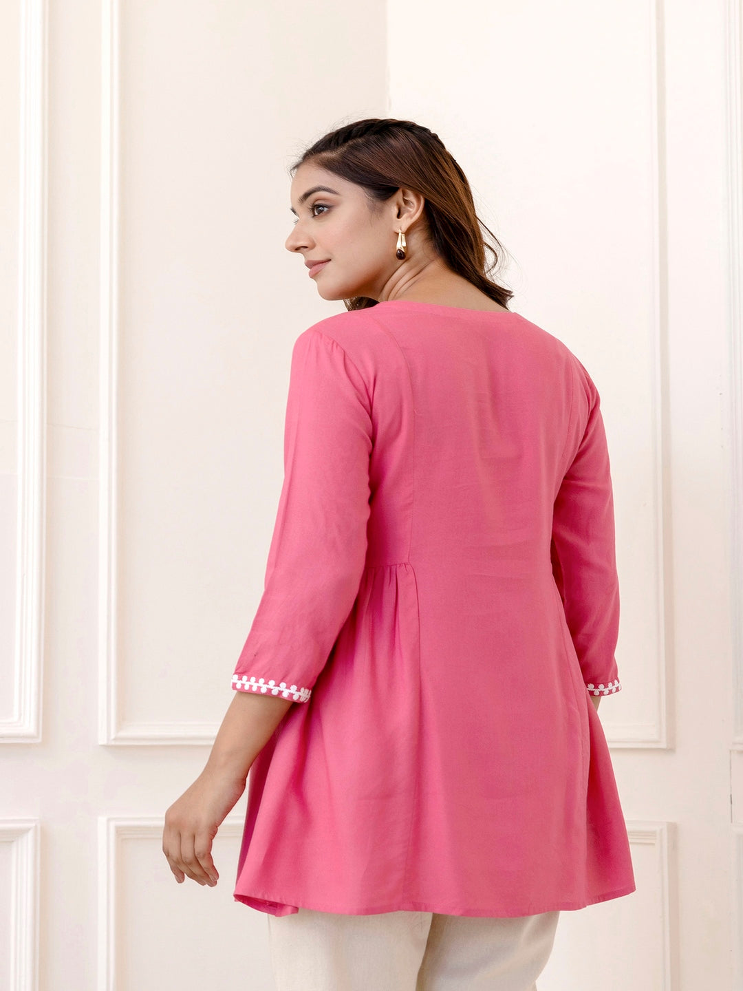 Rayon Hip Length Solid Straight 3/4 Sleeves Round Neck Solid Embroidered Top - Image 5