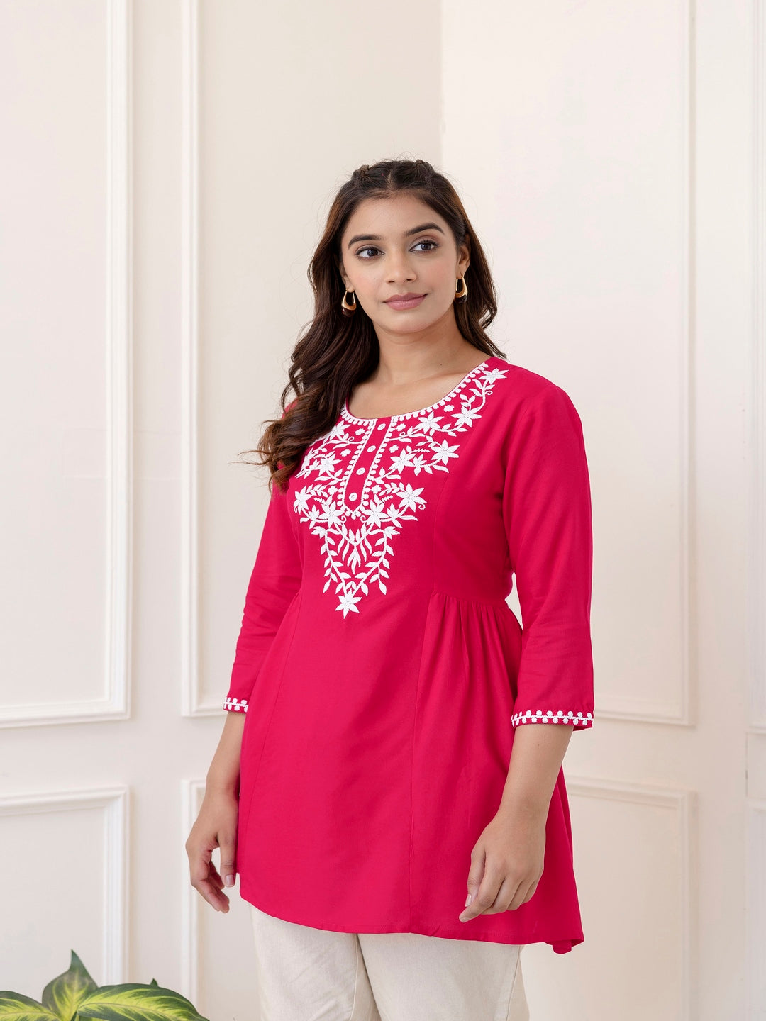 Rayon Hip Length Solid Straight 3/4 Sleeves Round Neck Solid Embroidered Top - Image 2