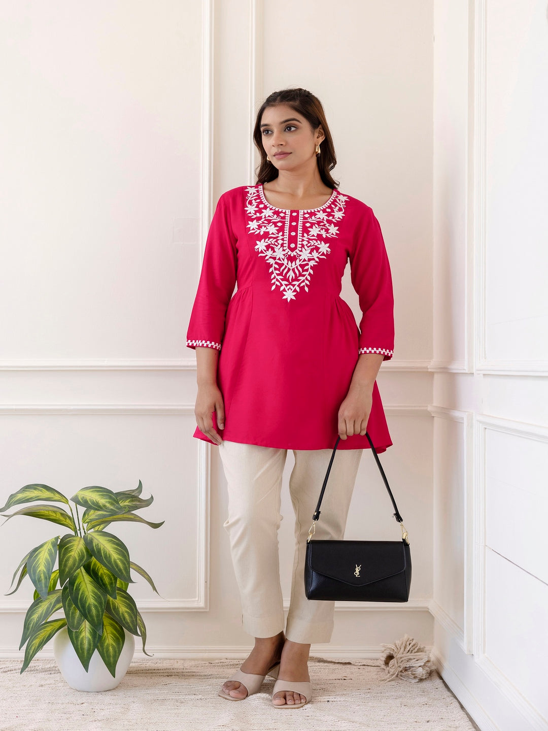 Rayon Hip Length Solid Straight 3/4 Sleeves Round Neck Solid Embroidered Top - Image 3