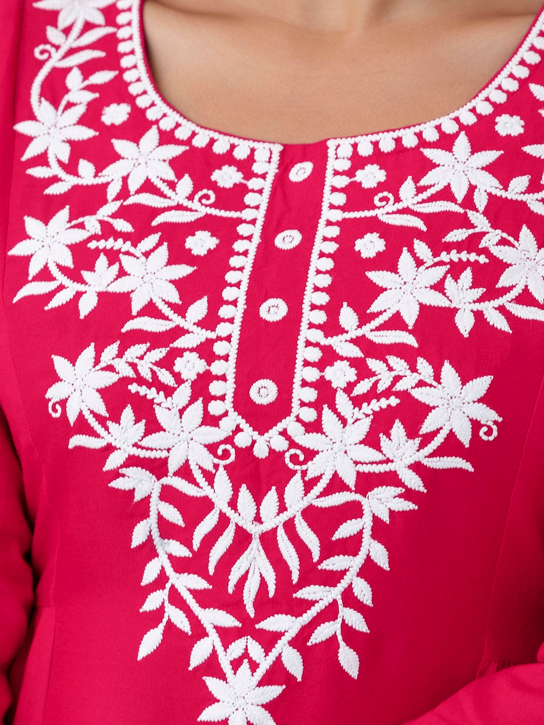 Rayon Hip Length Solid Straight 3/4 Sleeves Round Neck Solid Embroidered Top - Image 4