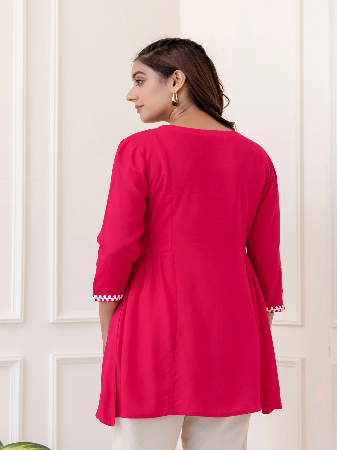 Rayon Hip Length Solid Straight 3/4 Sleeves Round Neck Solid Embroidered Top - Image 5