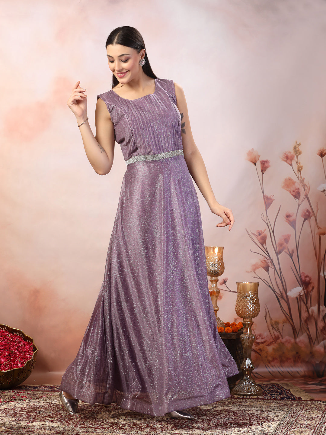 Lavender Party Wear Shimmer Lycra Gown - Image 3